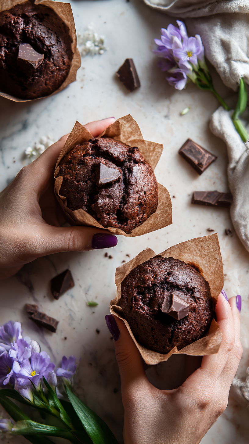 Hands holding chocolate date muffins on marble surface