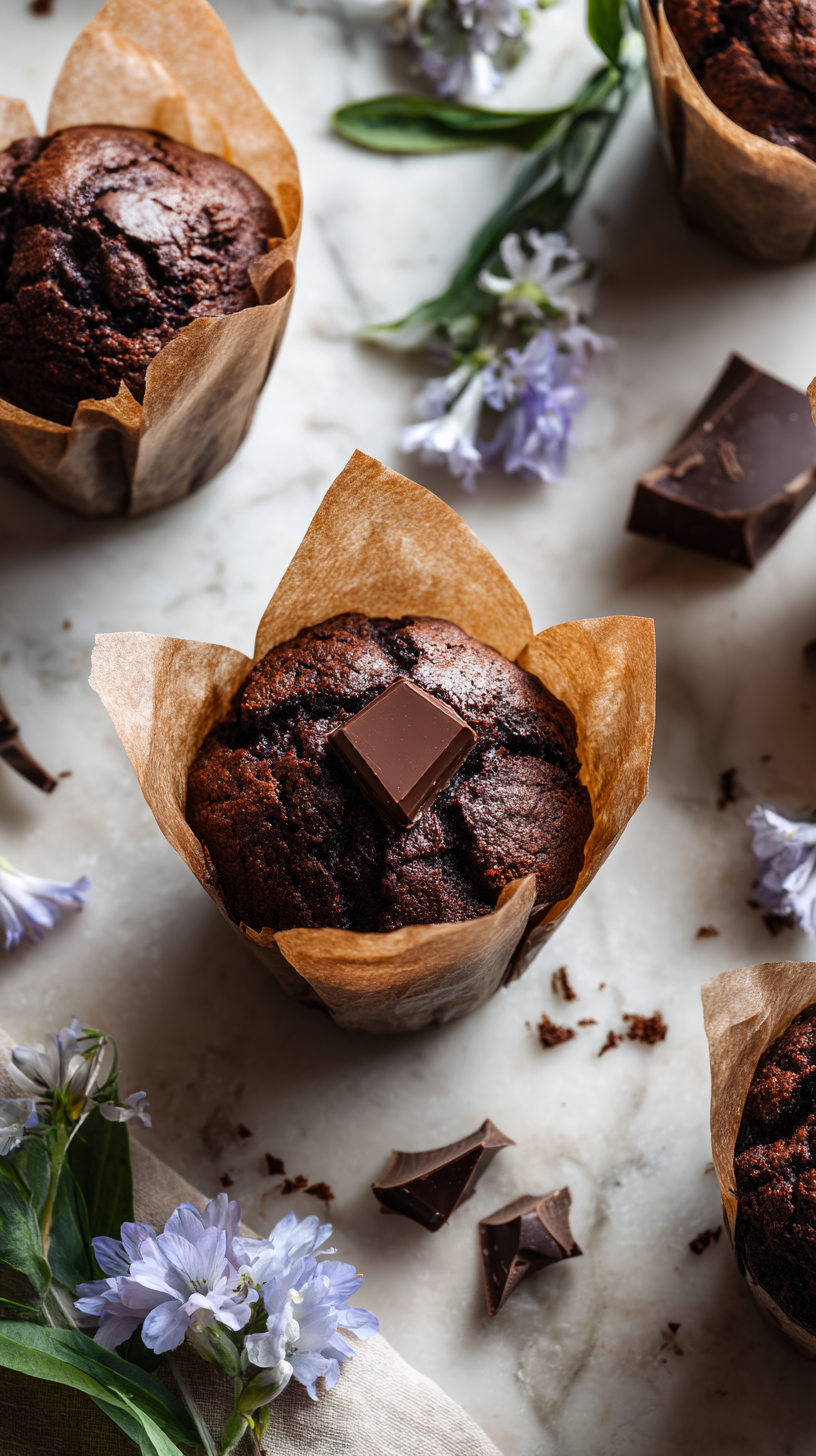 Bakery style chocolate date muffins on table