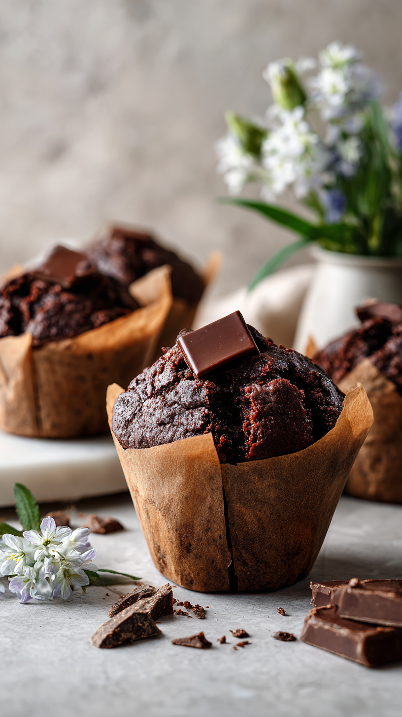 Chocolate date muffins on table with flowers