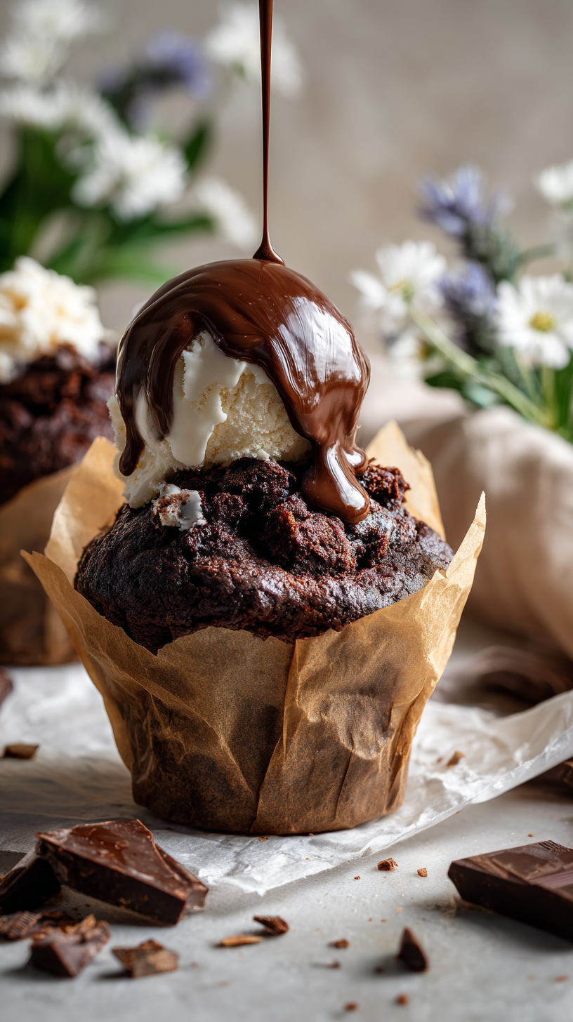 Chocolate date muffin with ice cream and hot fudge drizzle