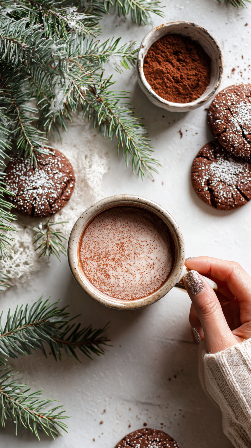 Soft chocolate sugar cookies styled for holiday gifting with evergreen and ribbon