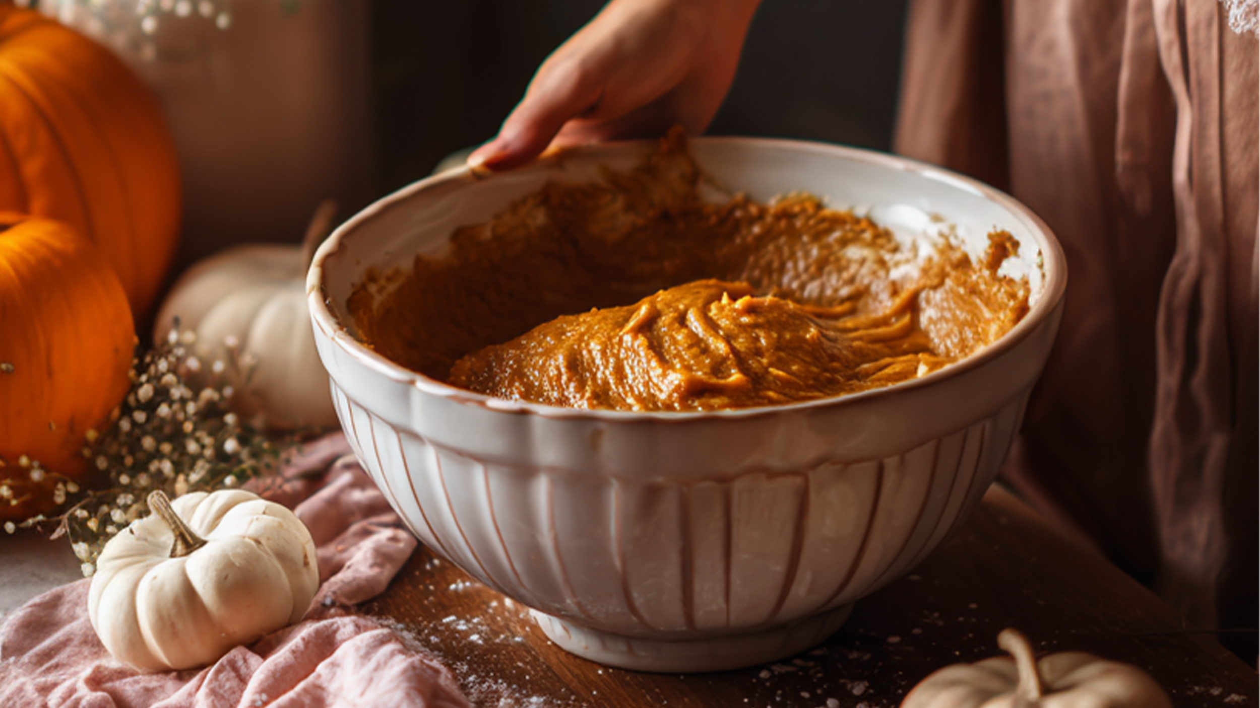 a mixing bowl filled with pumpkin bread batter