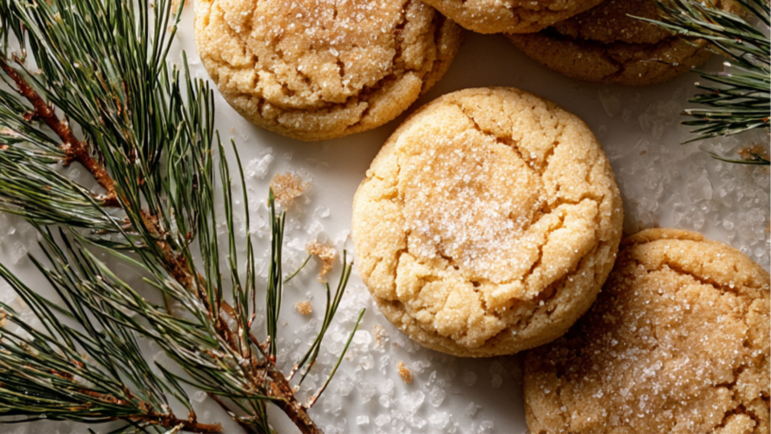 Hand holding a soft brown butter sugar cookie beside a glass of milk and pine branches, cozy holiday baking moment