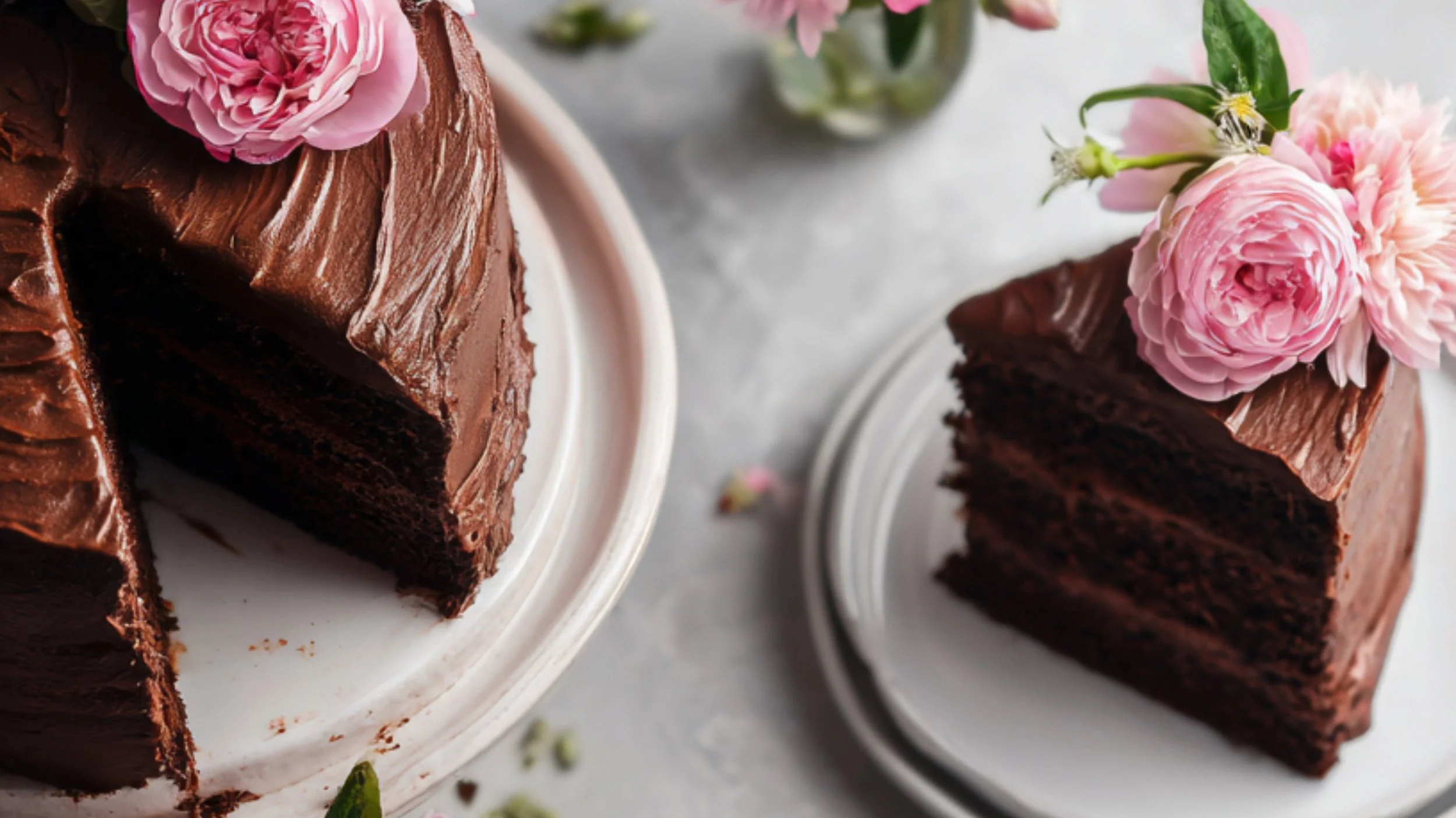 a three layer chocolage ganache cake with a slice taken out of it sitting on a dessert plate