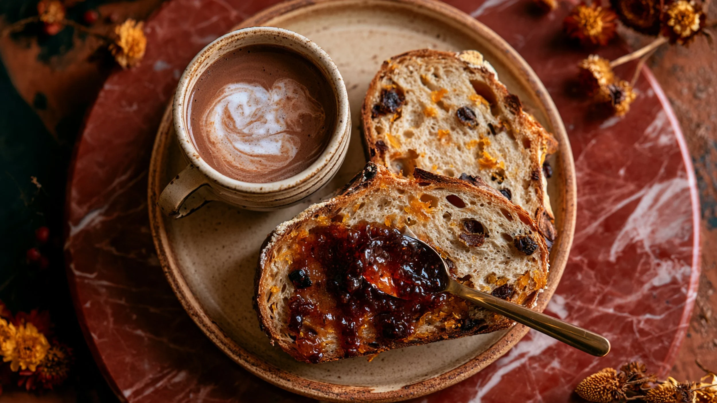 A spiced Christmas sourdough boule with pine tree scoring, studded with currants and orange zest, on a red marble board with pine and dried oranges