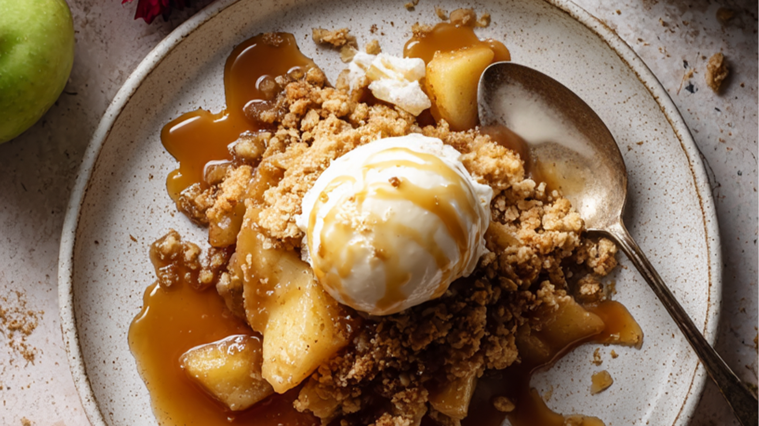 a place of juicy apple crumble with ice cream