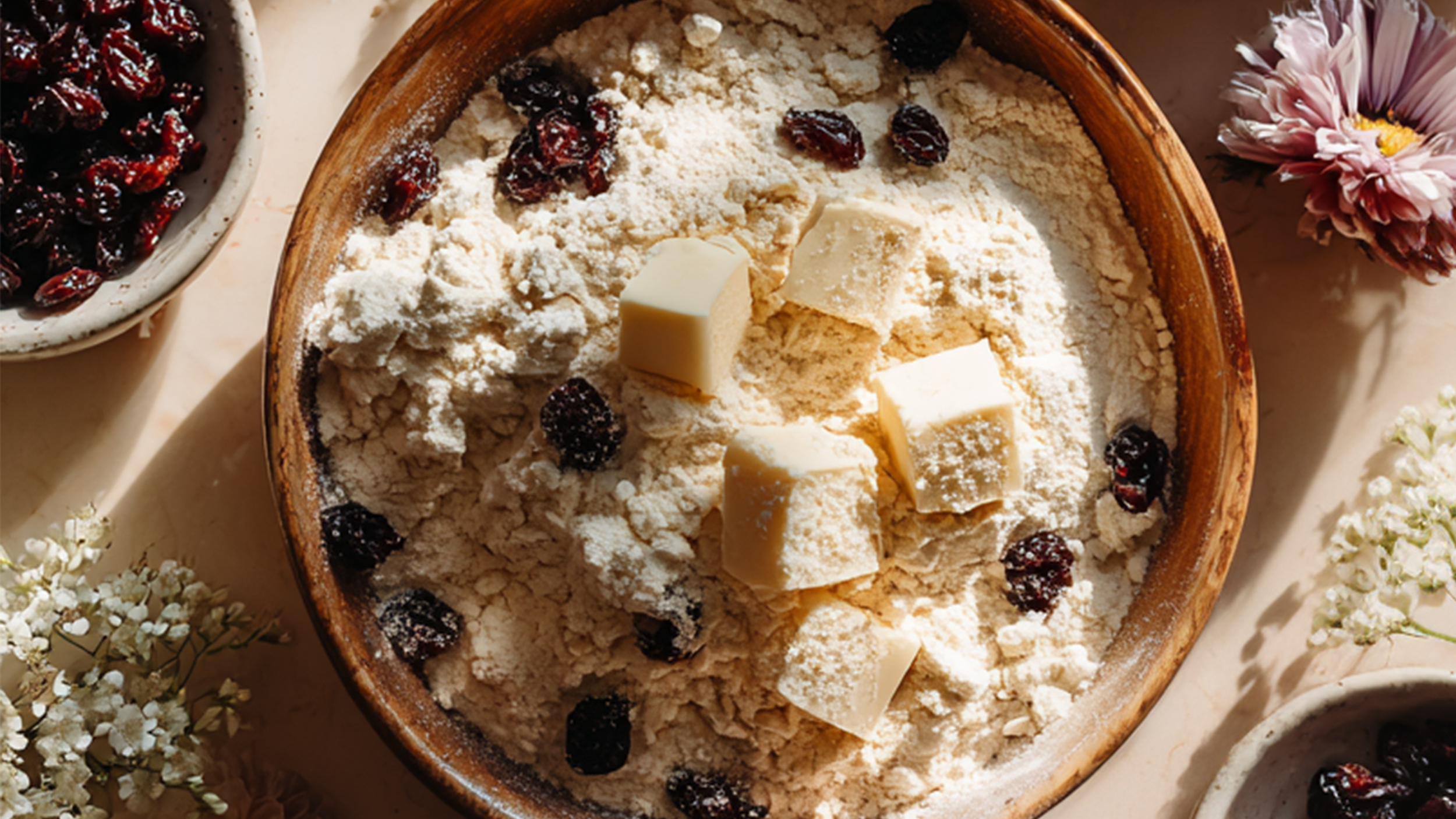 A bowl with biritsh cream scone ingredients. diced butter, flour, currants and raisins