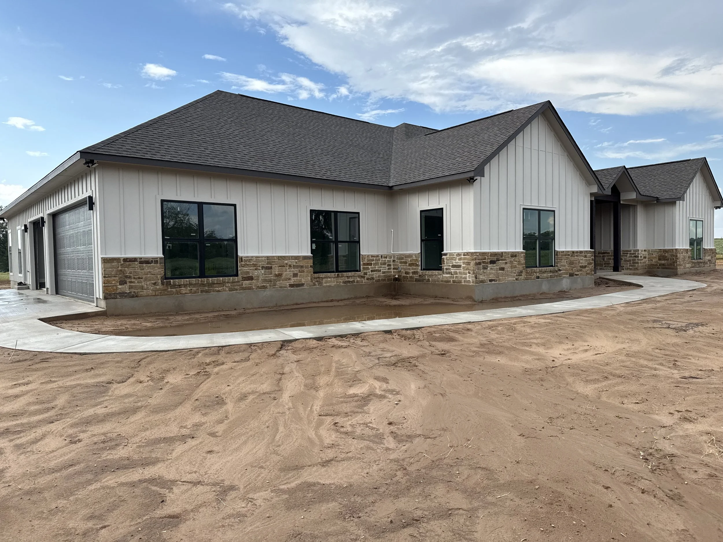 Newly constructed house with white siding, stone accents, and black window frames, surrounded by a dirt yard and a curved concrete sidewalk under a partly cloudy sky.