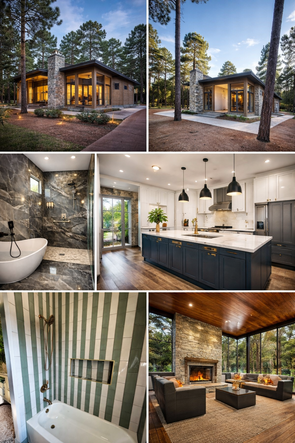 Collage of a modern house in wooded surroundings, showcasing exterior views, a luxurious bathroom with marble tile, a stylish kitchen with navy and white cabinetry, a walk-in shower with green and white striped tiles, and a cozy living room with a fi