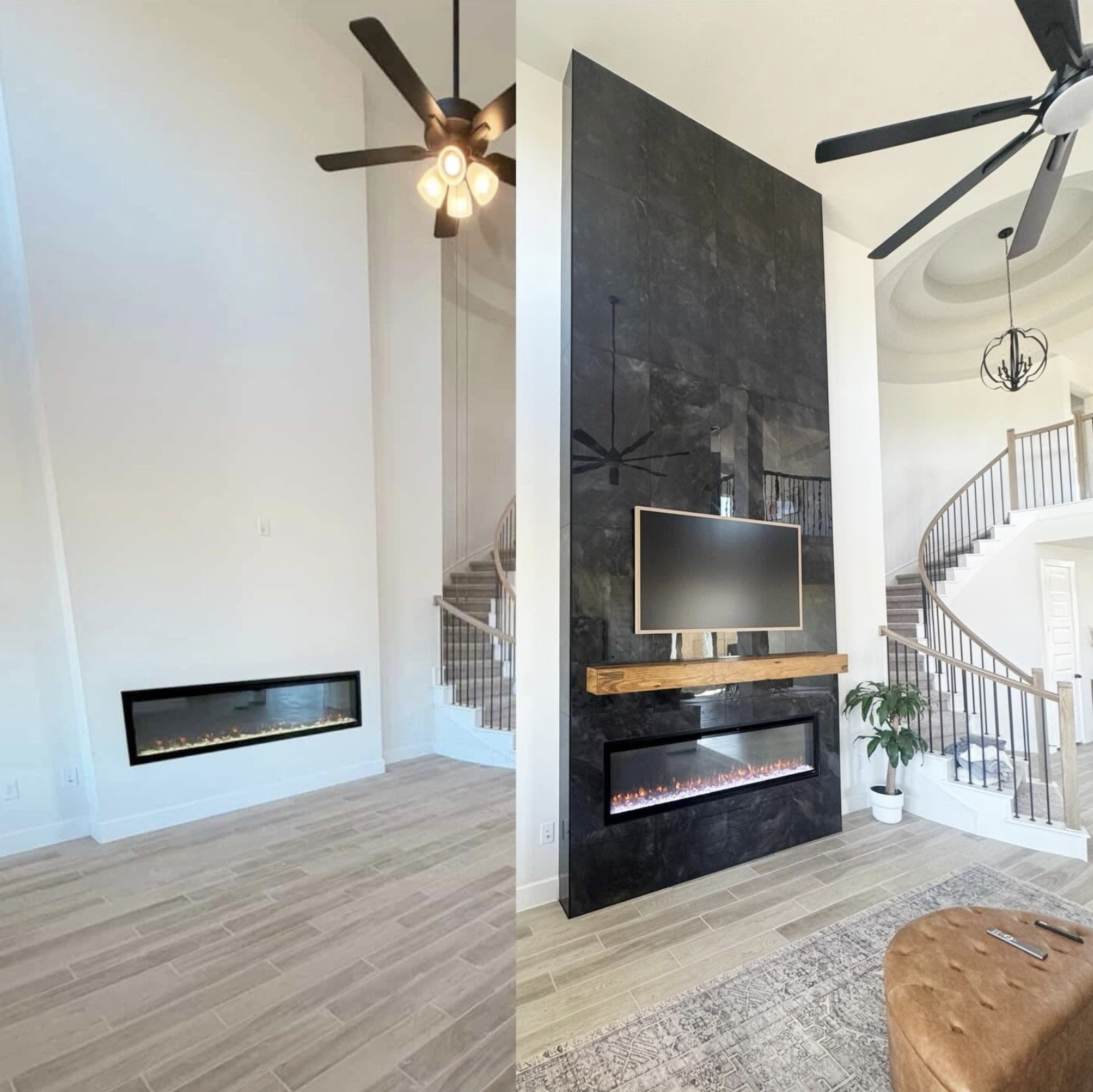 Comparison of two living room interior walls, one plain white wall with a long rectangular fireplace and a ceiling fan, and the other a black marble wall with a mounted flat-screen TV, a fireplace, and a staircase with a black balustrade, in a modern