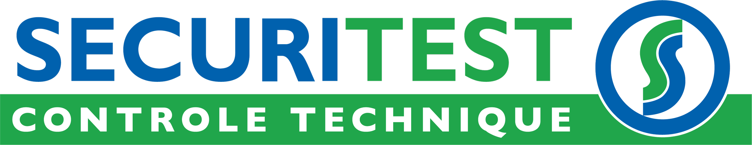 Logo de Securitest Contrôle Technique, avec le texte en bleu et vert, et une icône ronde bleue avec un profil de visage en blanc et vert.