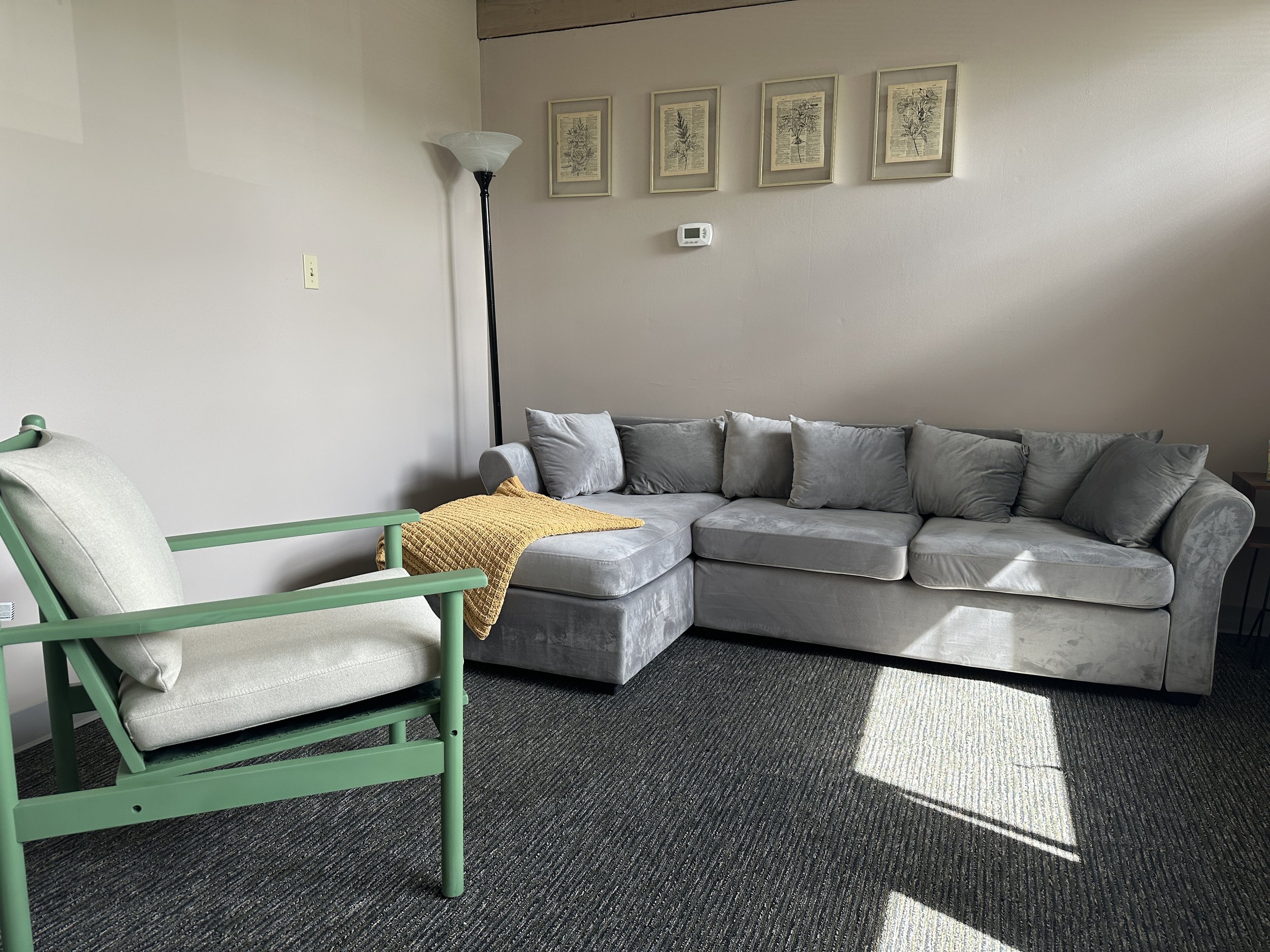 A living room with a green armchair in the foreground and a gray sectional sofa with multiple pillows against the wall. There is a yellow knit throw over the arm of the sofa. A tall black floor lamp is in the corner, and four framed botanical prints are hanging on the wall above the sofa. Sunlight is casting shadows across the dark textured carpet.