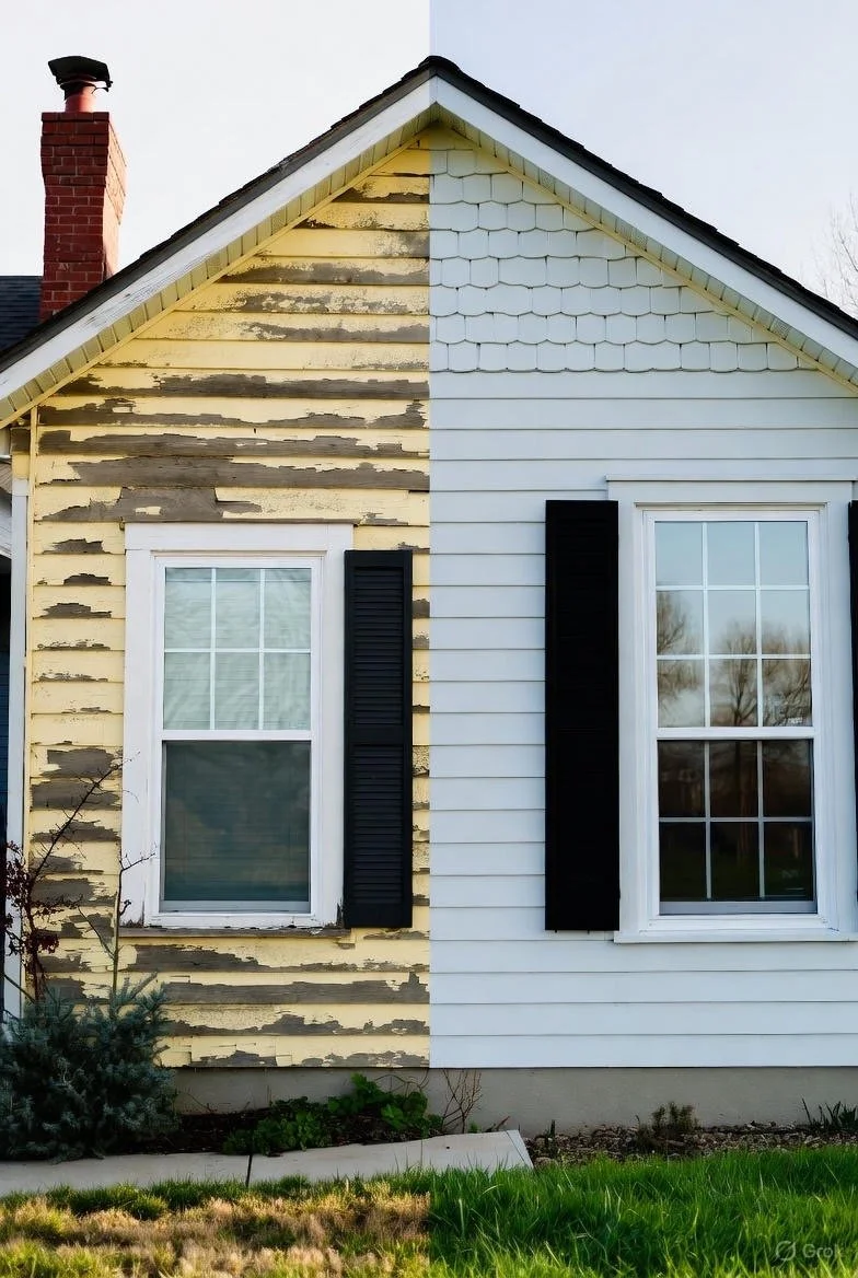 Side of a house with two windows, black shutters, and siding in different states of wear, with the house's left side peeling and weathered, and the right side new and painted.