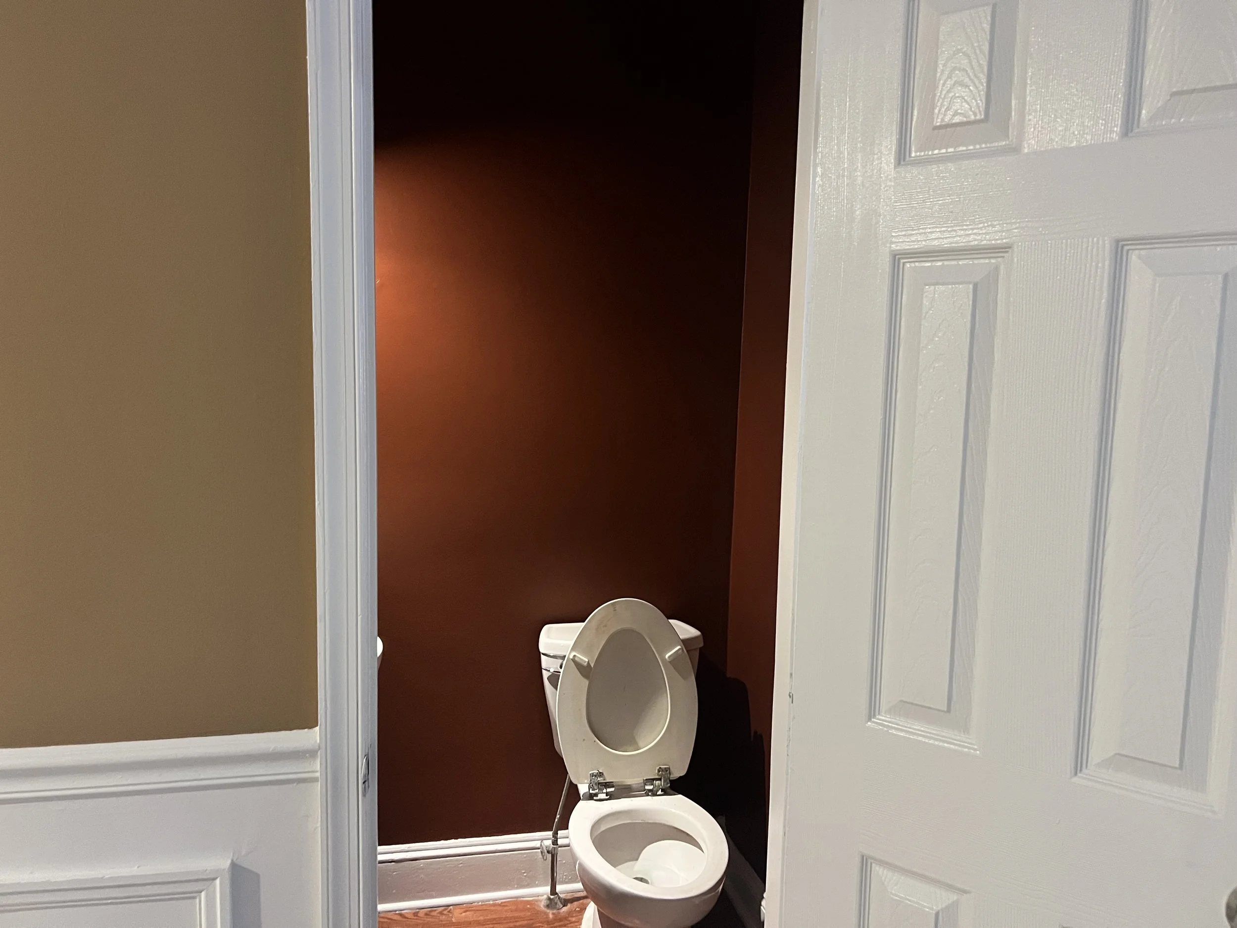 A partially open white door leads to a small toilet room with a white toilet against a brown wall, and beige and brown walls and wooden flooring