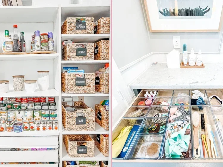 Boxes labeled 'keep', 'donate', and 'trash' with clothing and shoes around them.