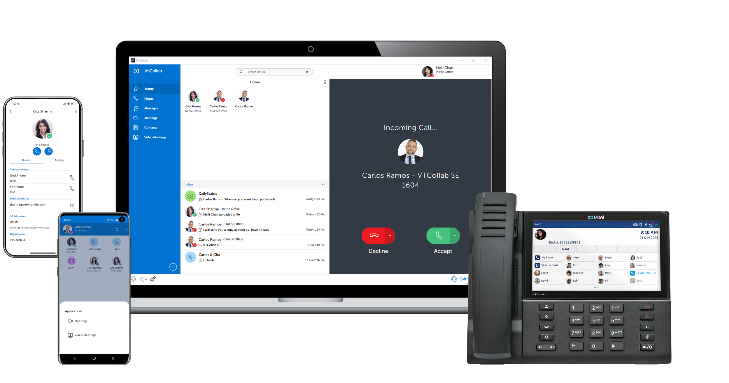 Various communication devices displaying video calls, messaging, and phone interfaces, including a laptop with an incoming call screen, a smartphone showing a contact's profile, another smartphone with messaging applications, and a desk phone with a digital display.