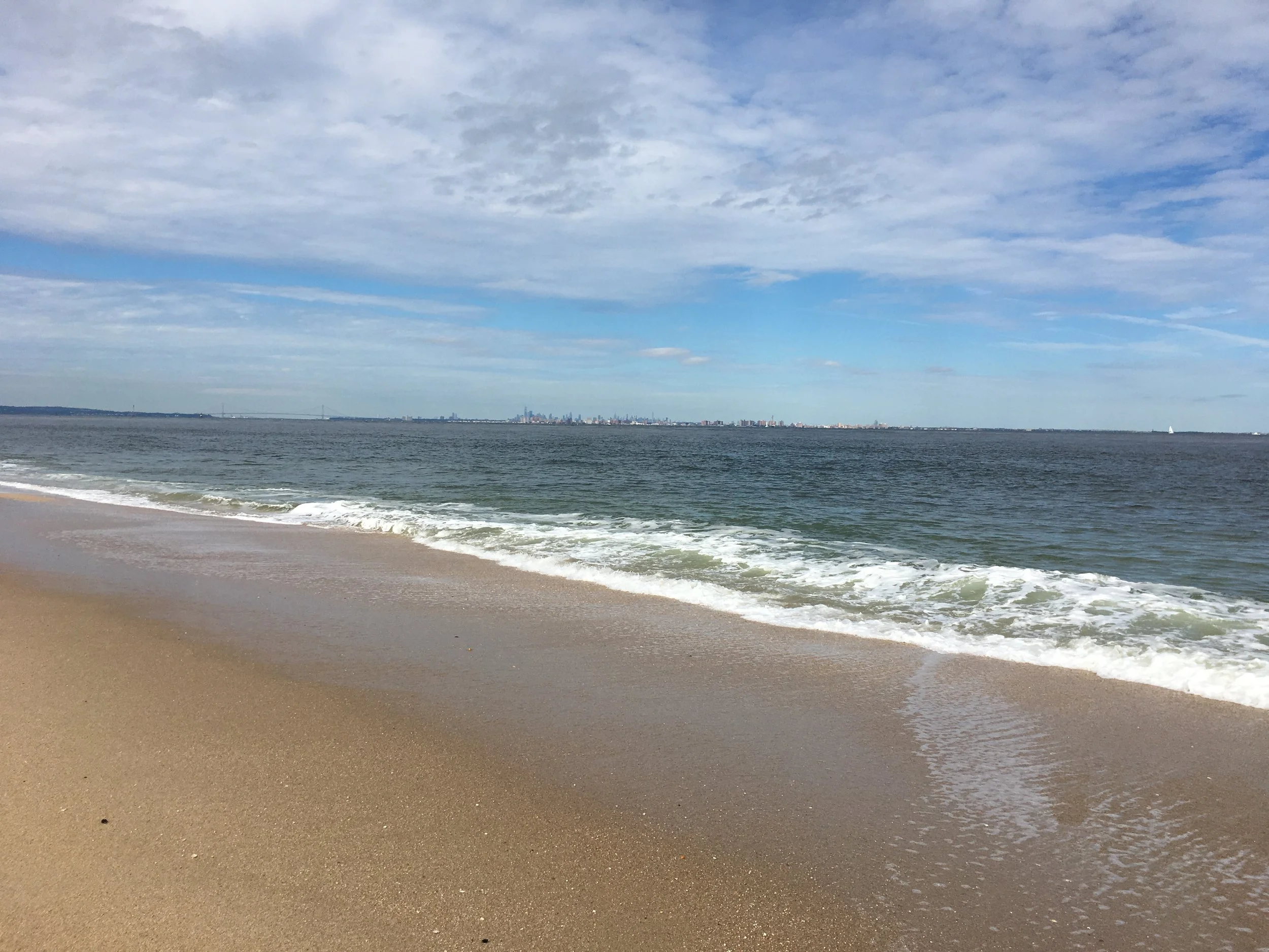 View of a sandy beach with gentle waves and a city skyline in the distance under a partly cloudy sky.