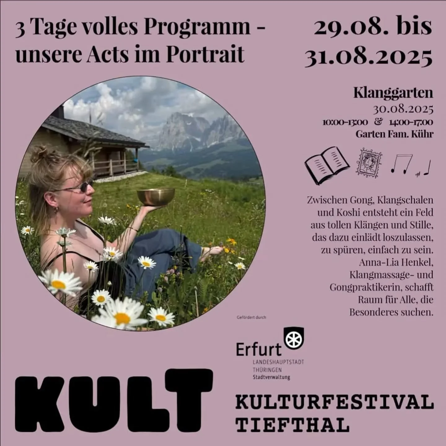 Ihr Lieben, ich freue mich riesig, beim diesjährigen @kult_tiefthal dabei sein zu dürfen!
Es erwarten euch wunderbare Stunden im "Klanggarten", in denen ihr einfach entspannen und genießen könnt. 🌿
Hier stelle ich m