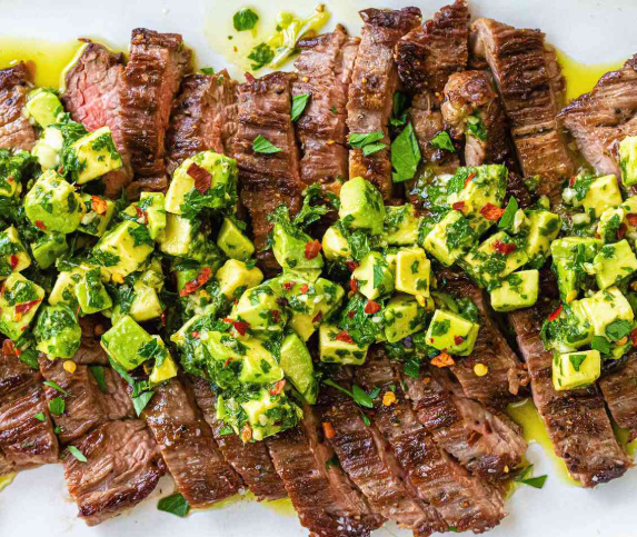 Sample Recipe 1: Skirt Steak with Avocado Chimichurri and Crispy Bone Broth Rice