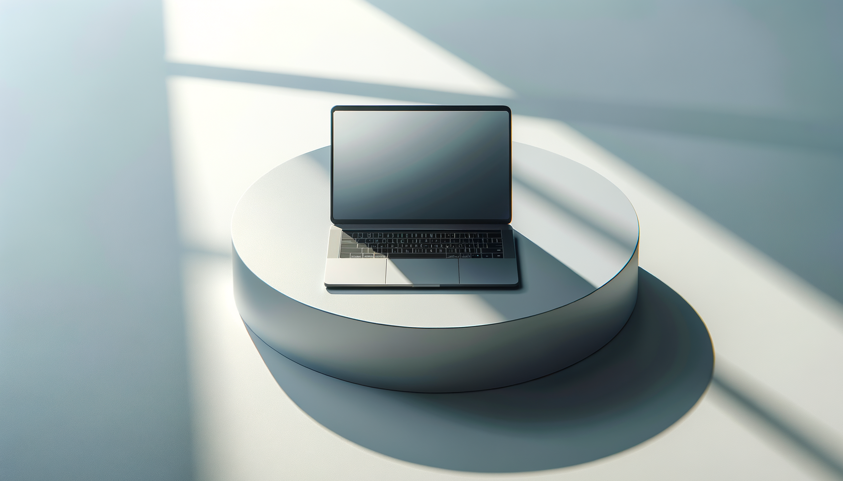 Laptop computer placed on a round pedestal, with light and shadow creating a minimalist aesthetic.