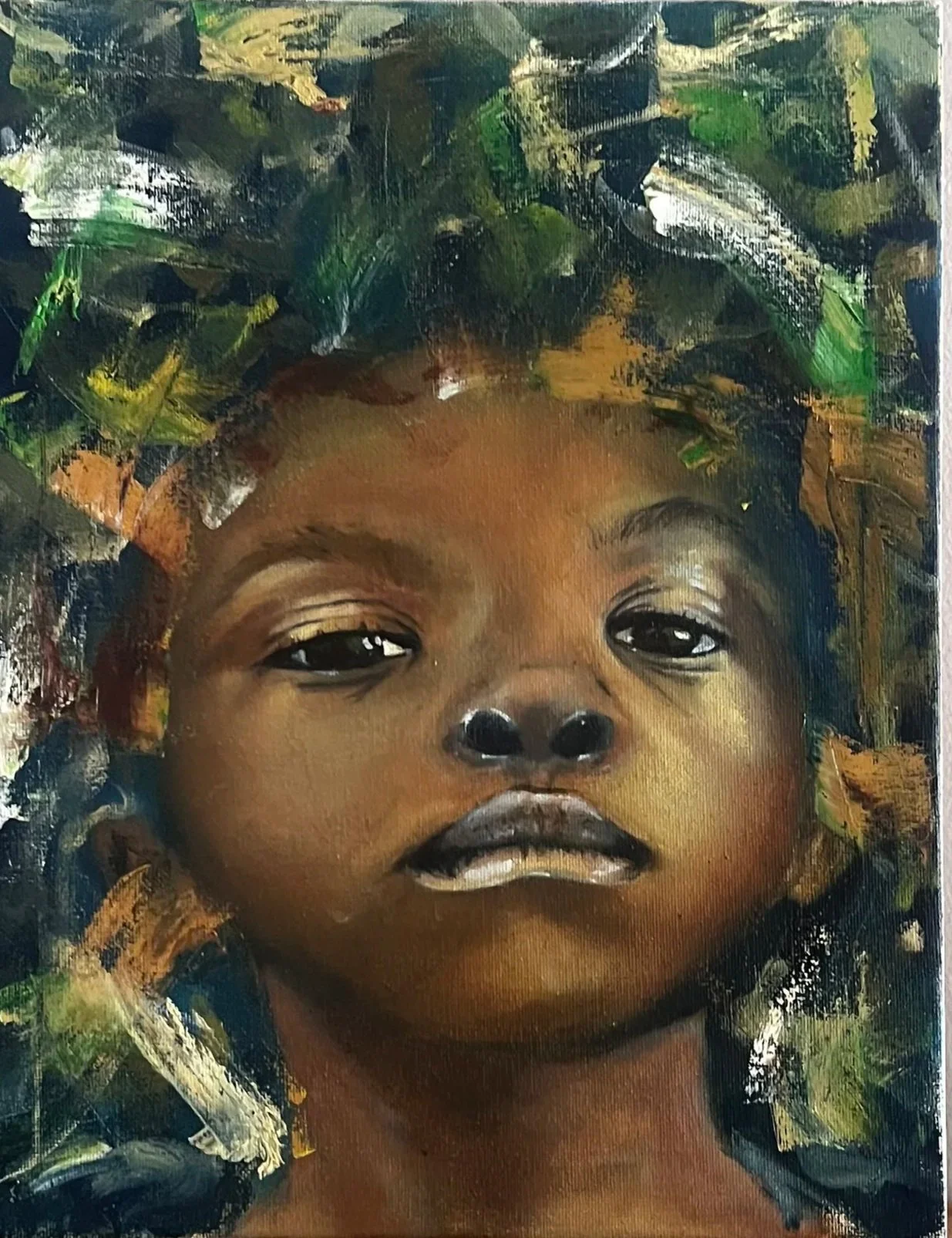 Artwork by Azareah York titled In the Green Quiet, an oil portrait showing a face emerging from an expressive green abstract background layered with texture and atmosphere.