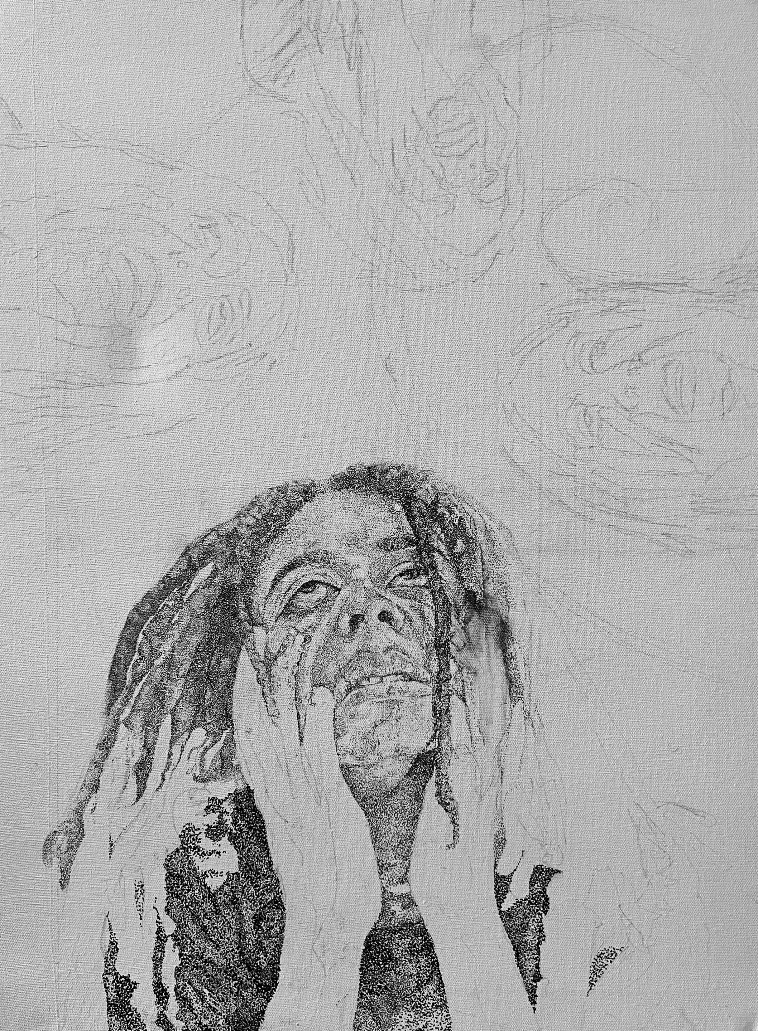 Work-in-progress stipple self-portrait by Azareah York showing layered faces arranged along a spiral composition inspired by sacred imagery..