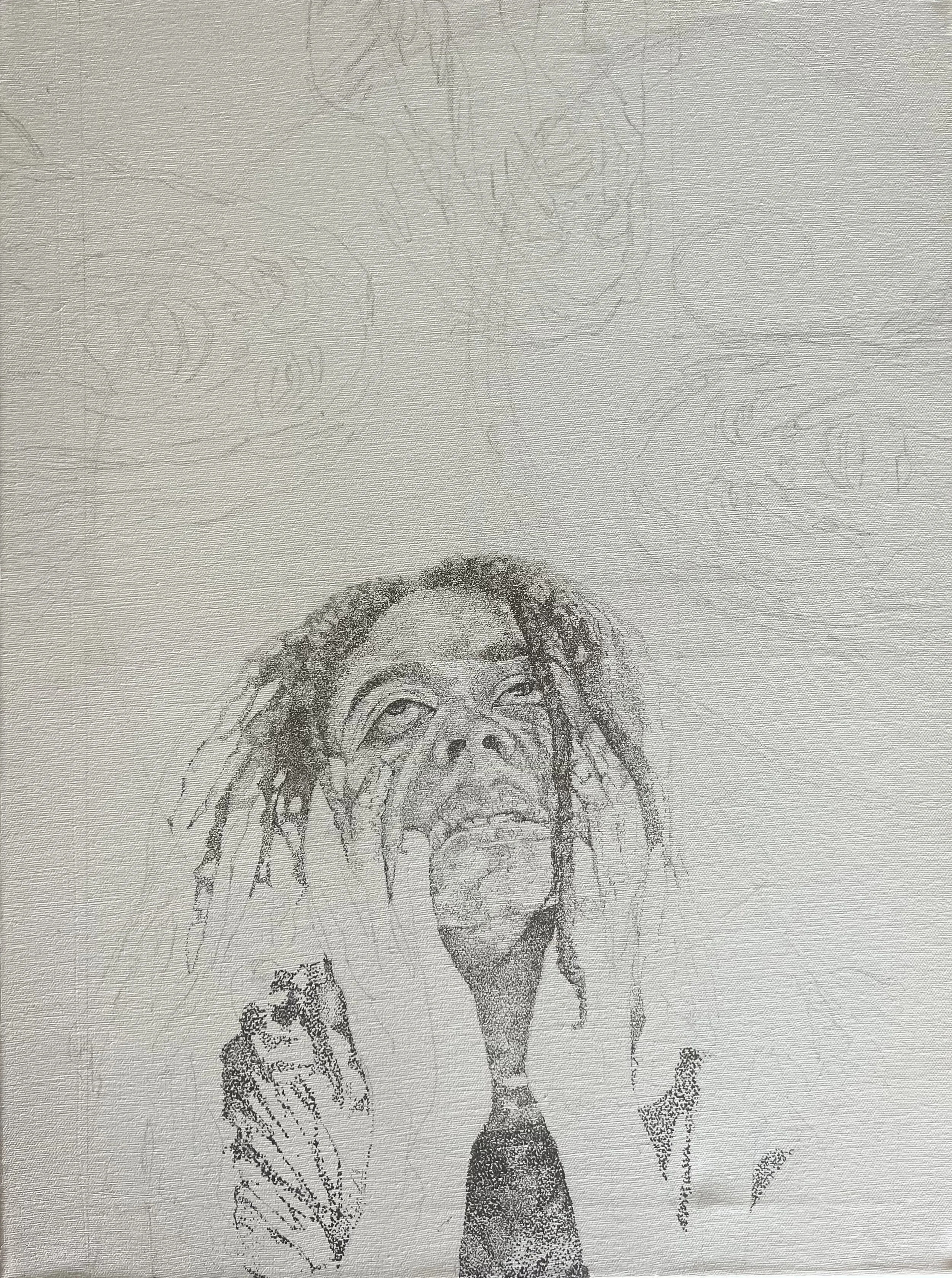 Alternate view of a stipple self-portrait in progress by Azareah York, continuing the exploration of grief through repeated crying figures.