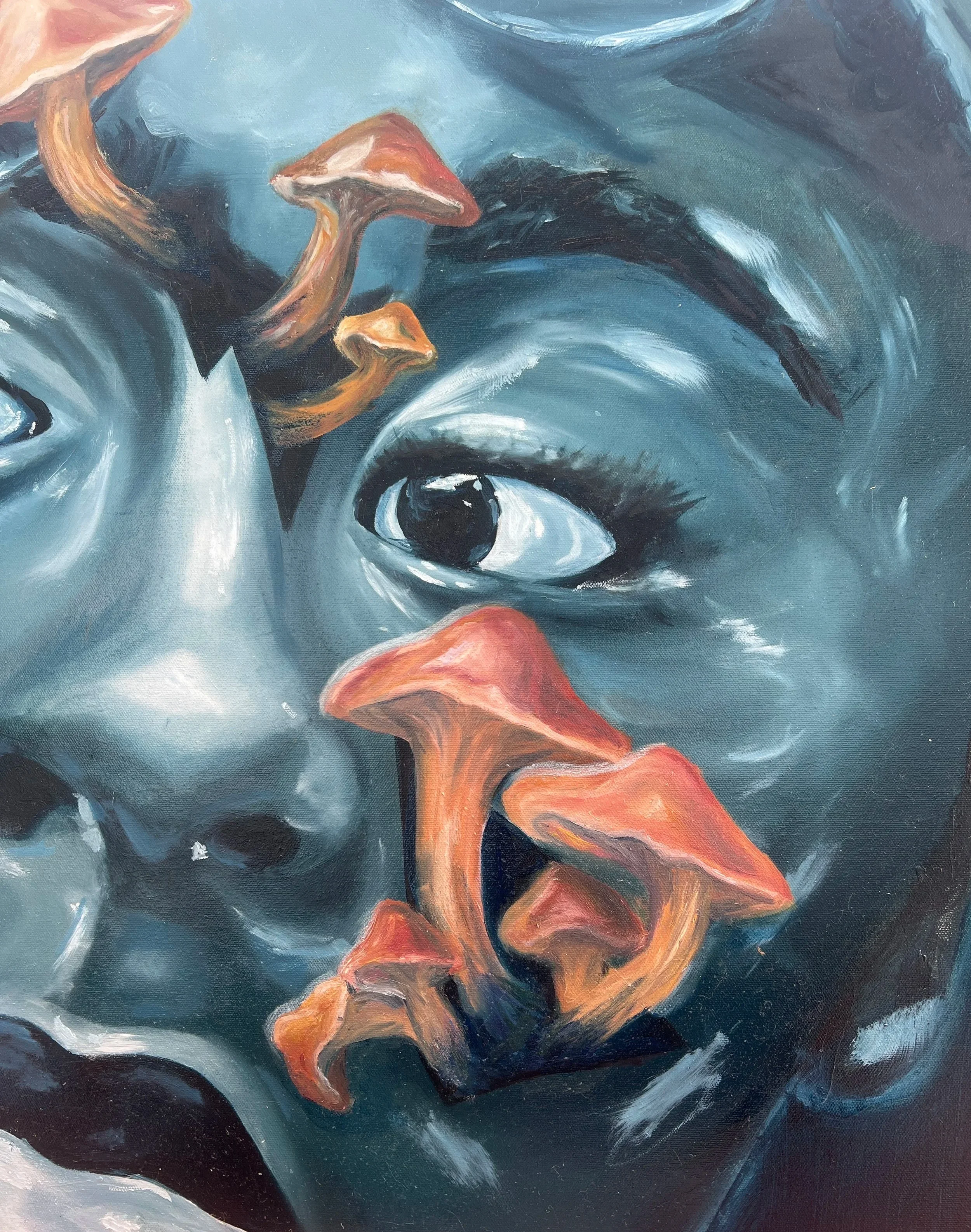 Artwork by Azareah York titled The Invasive Rot of Grief, an oil self-portrait depicting mushrooms emerging from the face as a metaphor for grief and emotional decay.