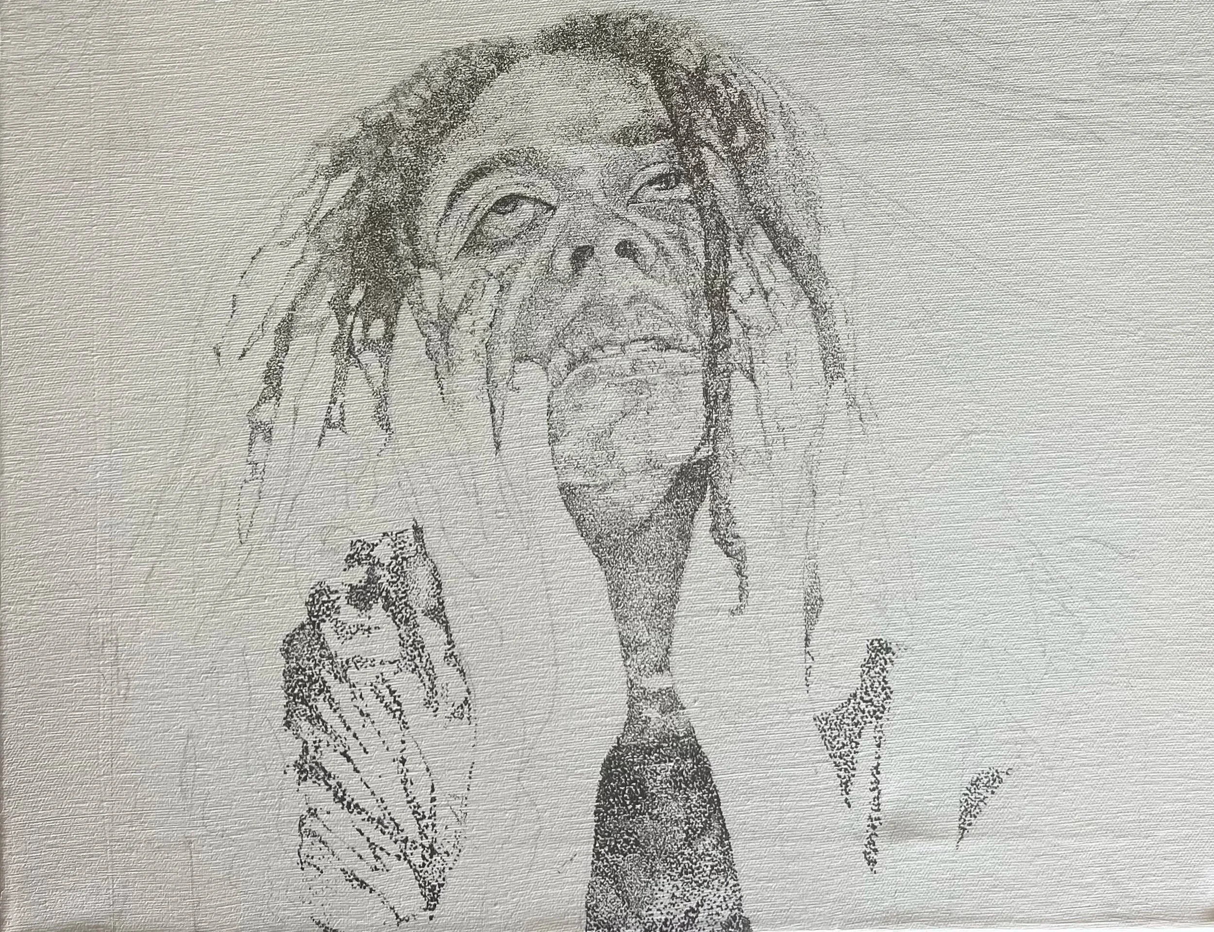 Artwork by Azareah York depicting a stipple self-portrait in progress inspired by crying Virgin Mary imagery, exploring grief through repeated faces and sacred symbolism.