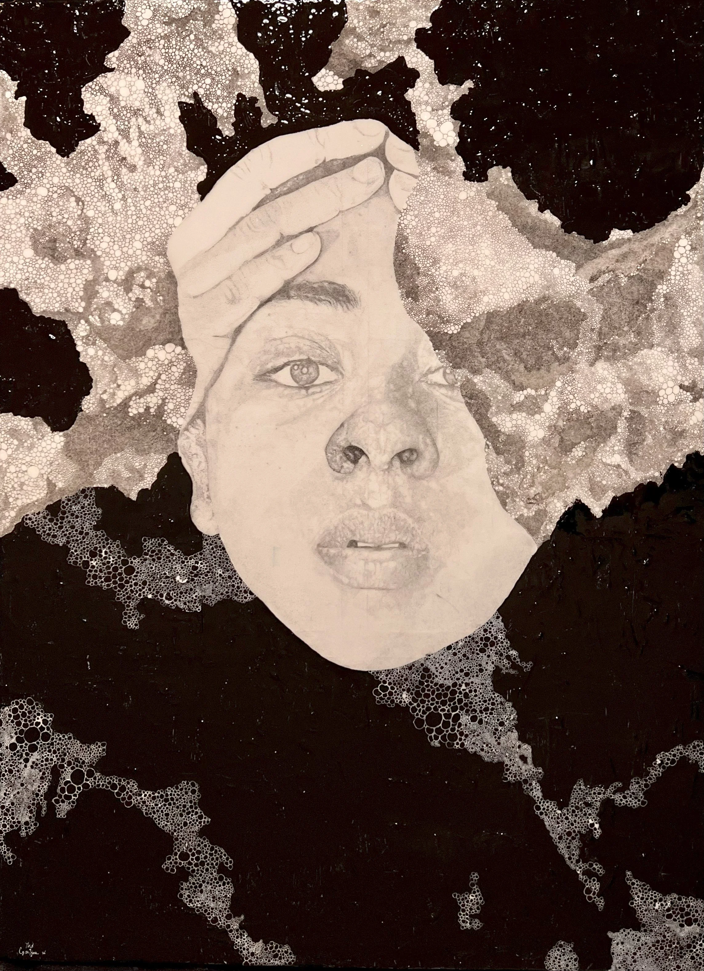 A black and white artwork featuring a woman's face with one eye closed and her hand touching her forehead. The background consists of abstract, bubble-like patterns and black ink splashes.