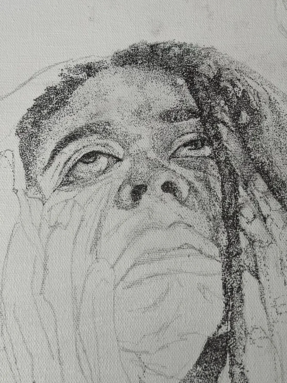 Close-up detail of stipple dot work in a self-portrait by Azareah York, highlighting dense mark-making and meditative drawing technique.