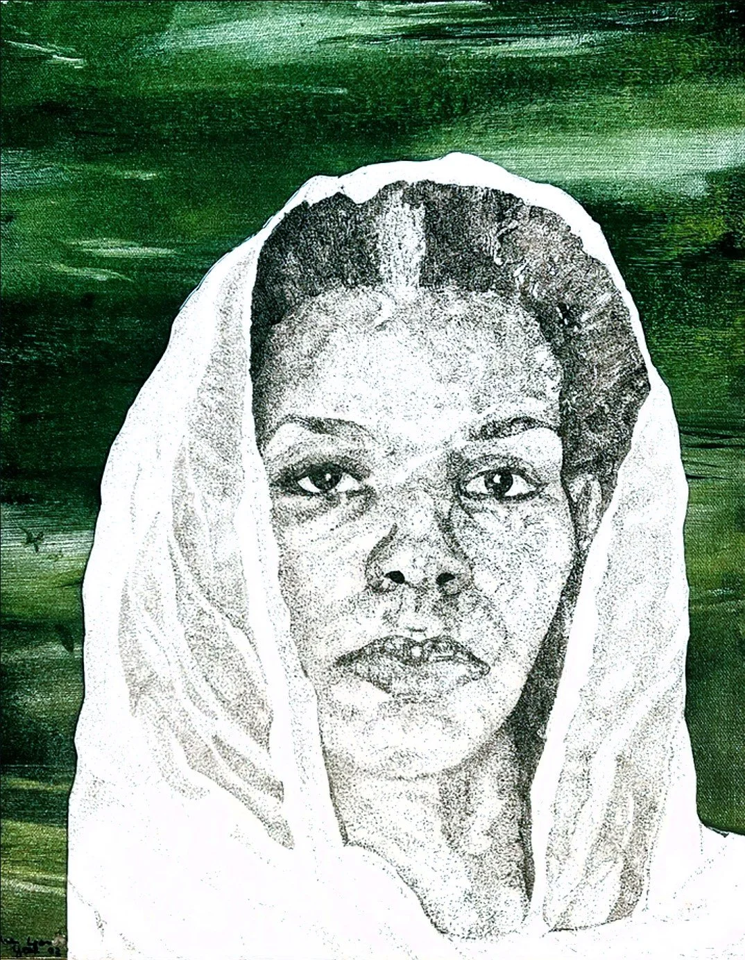 Alternate view of The Matriarch by Azareah York, a stipple portrait honoring her late grandmother’s strength and presence.