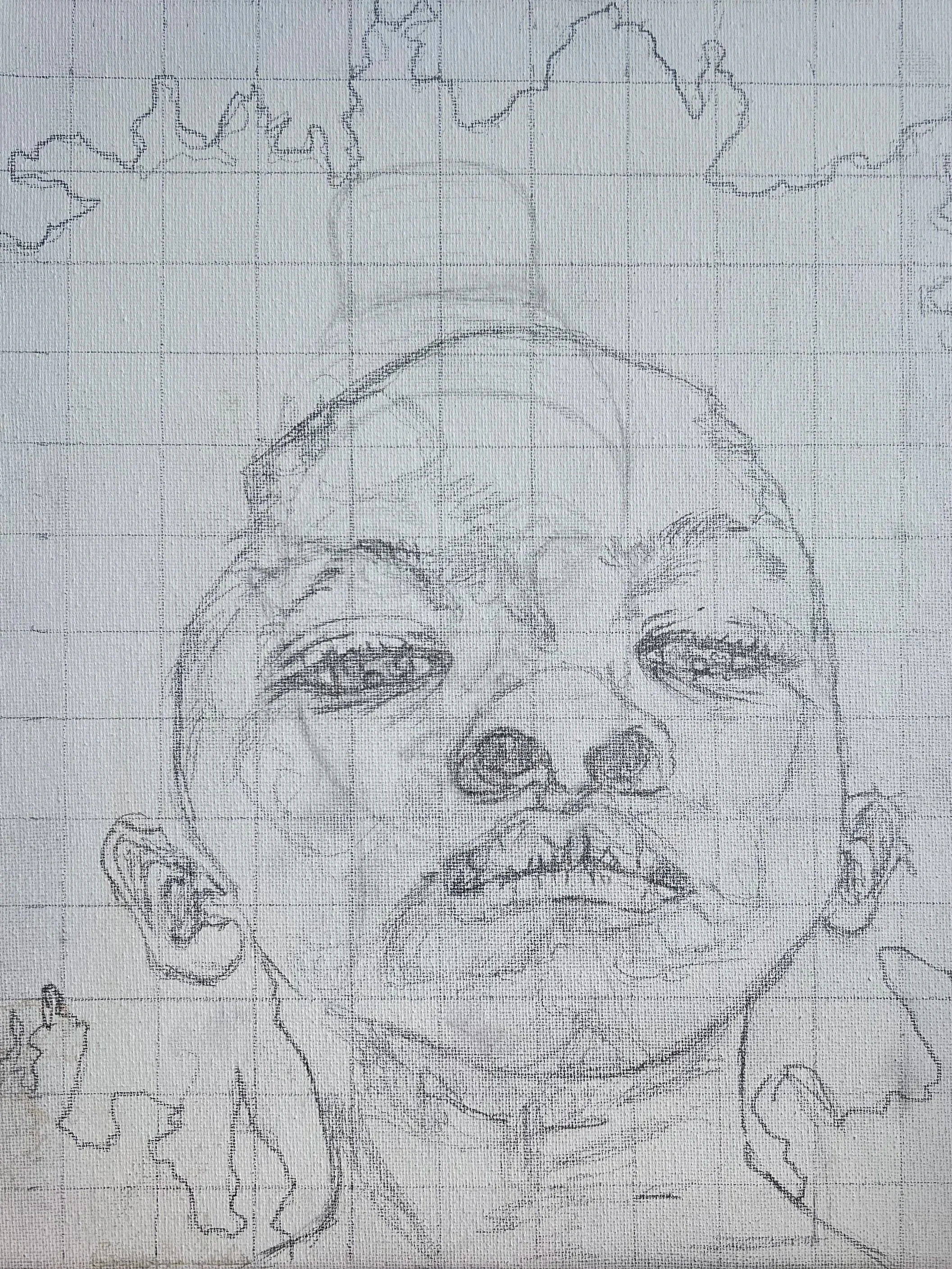 Artwork by Azareah York showing an early pencil sketch used as the foundation for the oil painting In the Green Quiet, illustrating her creative process from drawing to final work.