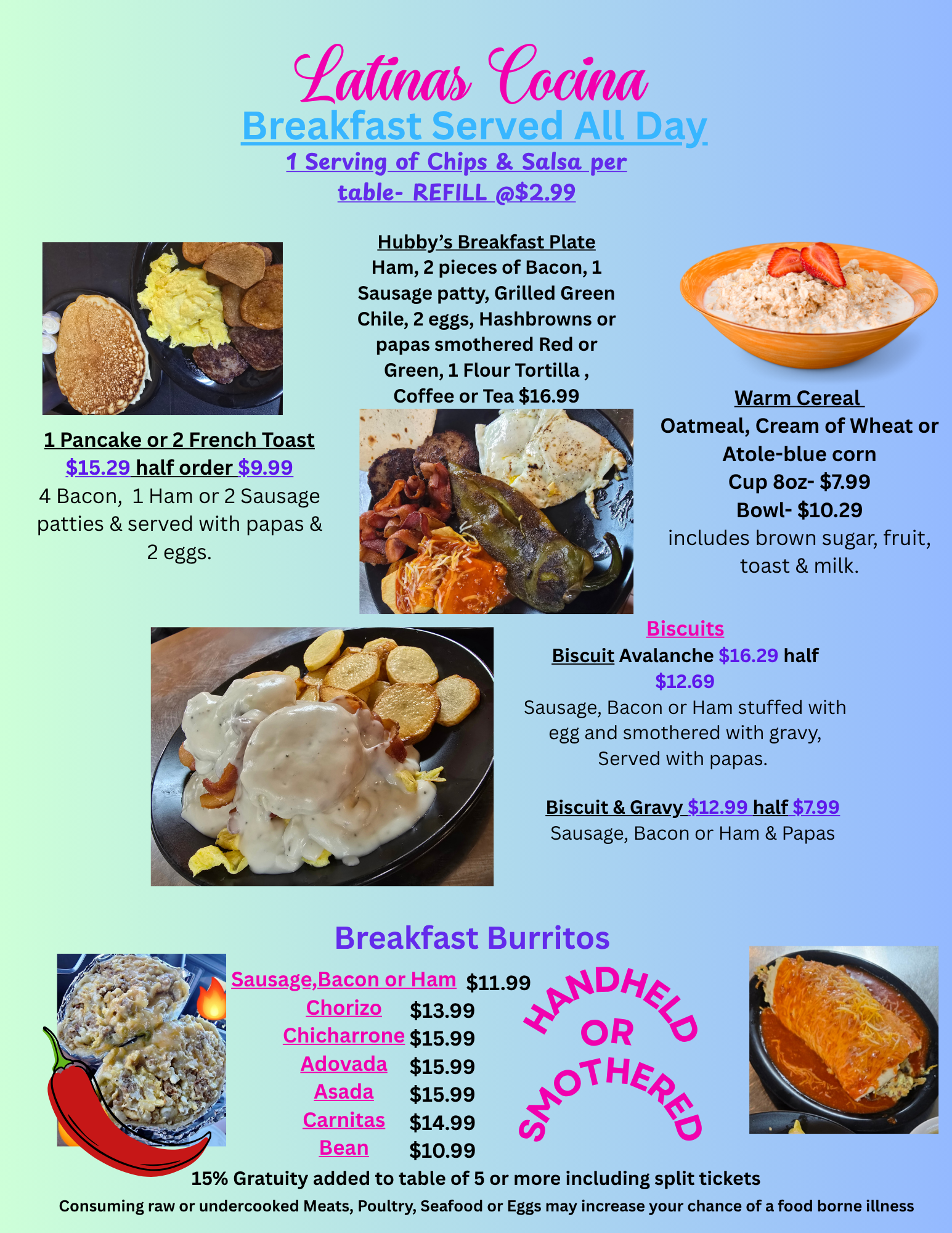Menu showcasing Latin food options including breakfast dishes, biscuits, and breakfast burritos with prices and descriptions, colorful headings, and pictures of food items.