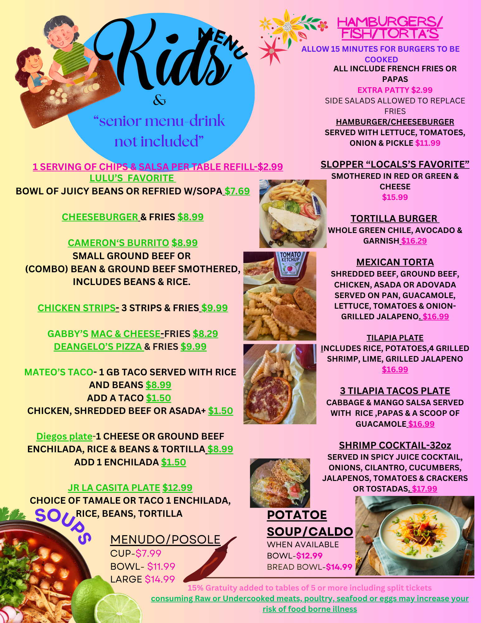 Kids menu with various food items including burgers, fries, tacos, and soups, along with colorful photos of some dishes.