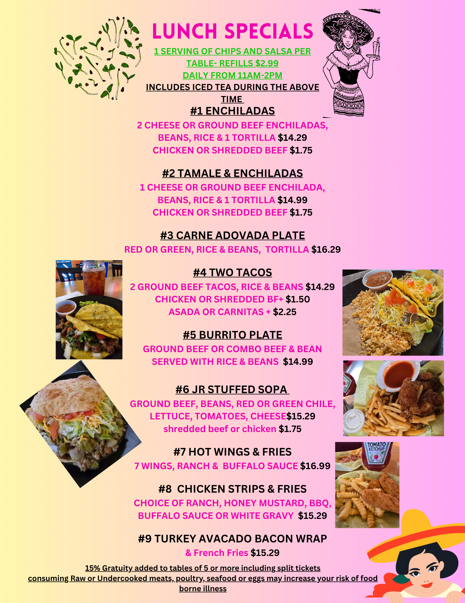 A colorful lunch specials menu with various Mexican dishes, including enchiladas, tamale, carne adovada, tacos, burrito, JR stuffed sopas, hot wings, chicken strips, and turkey avacado bacon wrap, with images of food items on the side.