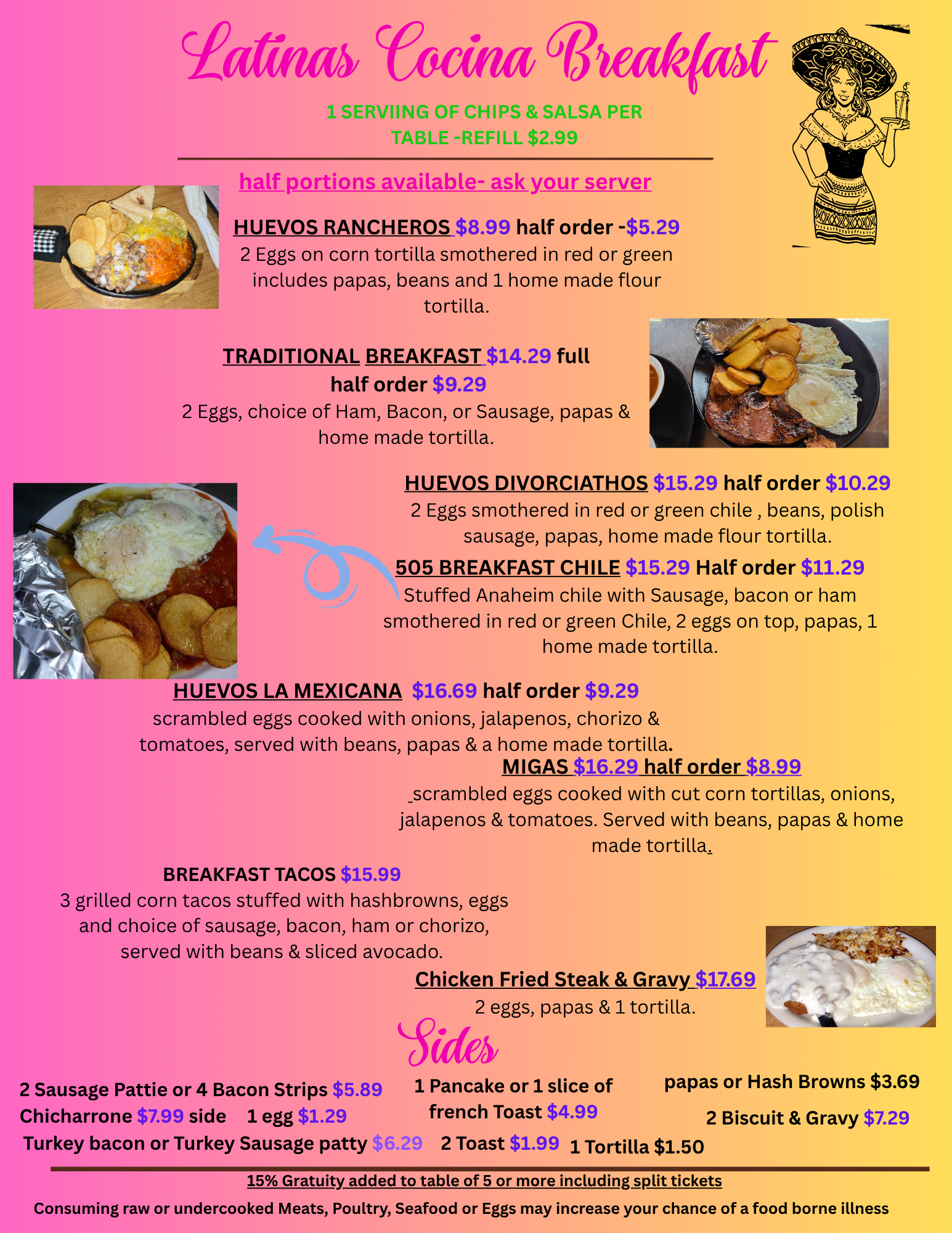 Menu for Latinas Cocina Breakfast featuring options like huevos rancheros, traditional breakfast, huevos divorciados, breakfast chile, huevos la mexicana, migas, breakfast tacos, and chicken fried steak and gravy. Prices are listed for full and half servings, with images of food included.