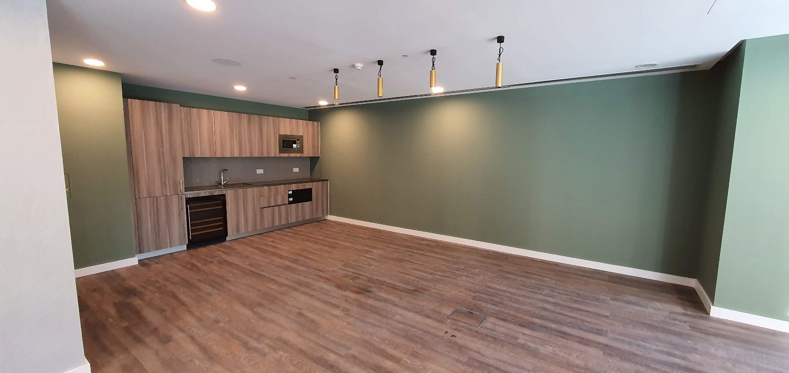 Empty room with wood flooring, green walls, and a small kitchenette with wood cabinets, a sink, and a mini refrigerator, illuminated by ceiling lights and hanging pendant lights.