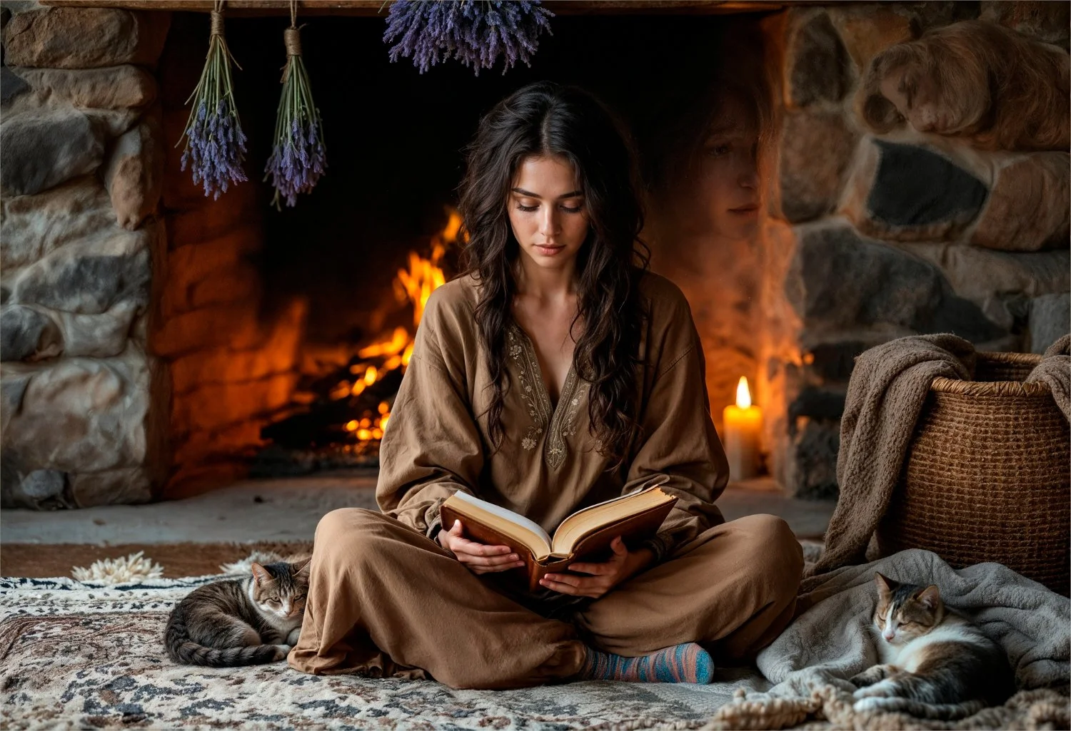 A young woman with long dark hair, dressed in brown, sitting cross-legged on a patterned rug by a fireplace, reading a book. Two cats, one tabby and one calico, are lying on either side of her. The room has a cozy, rustic atmosphere with a stone fireplace, purple lavender bunches hanging above, and a lit candle on the hearth.