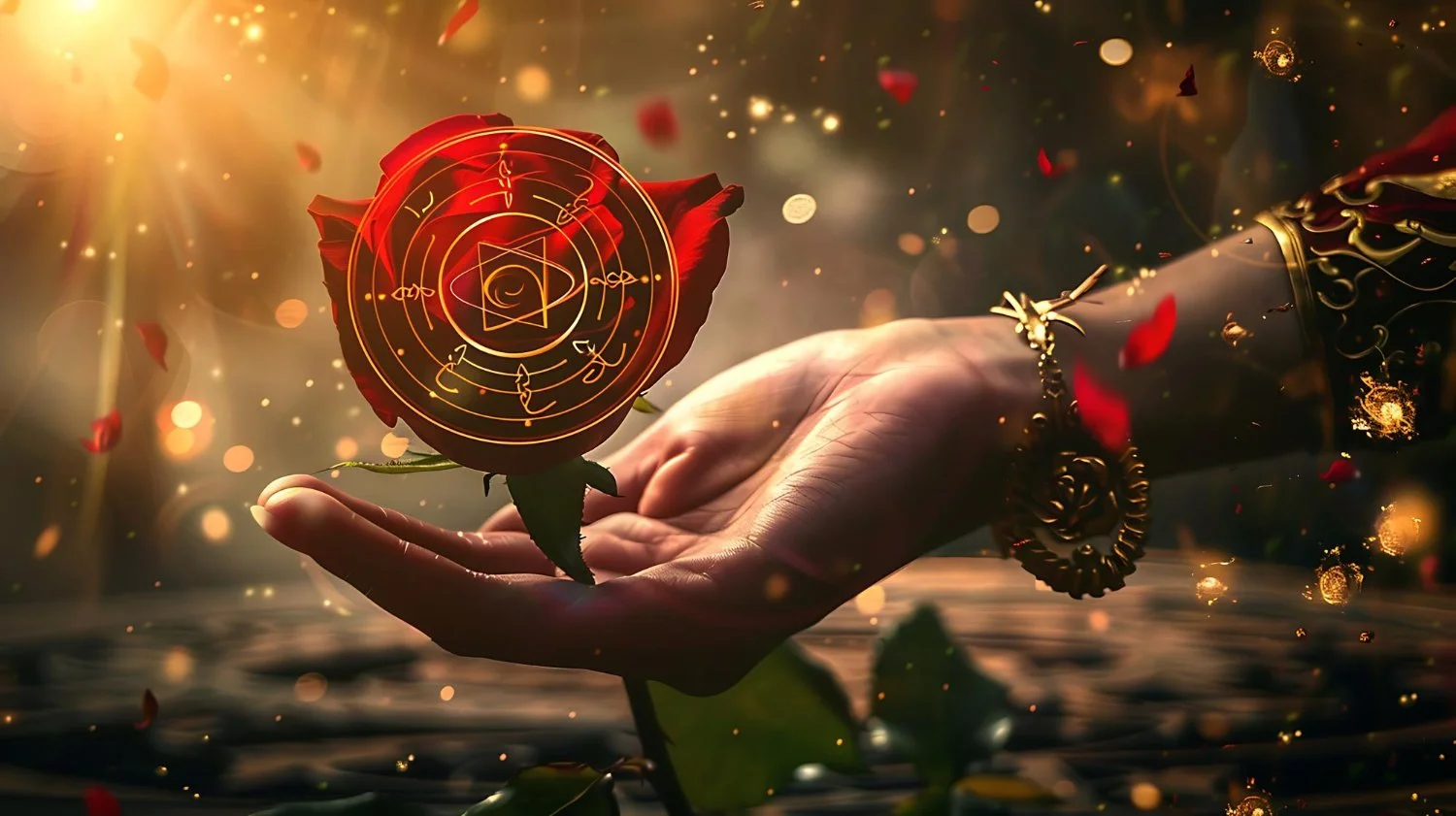 A symbolic image of a rose with luminous markings, representing transmission, beauty, and encoded meaning.