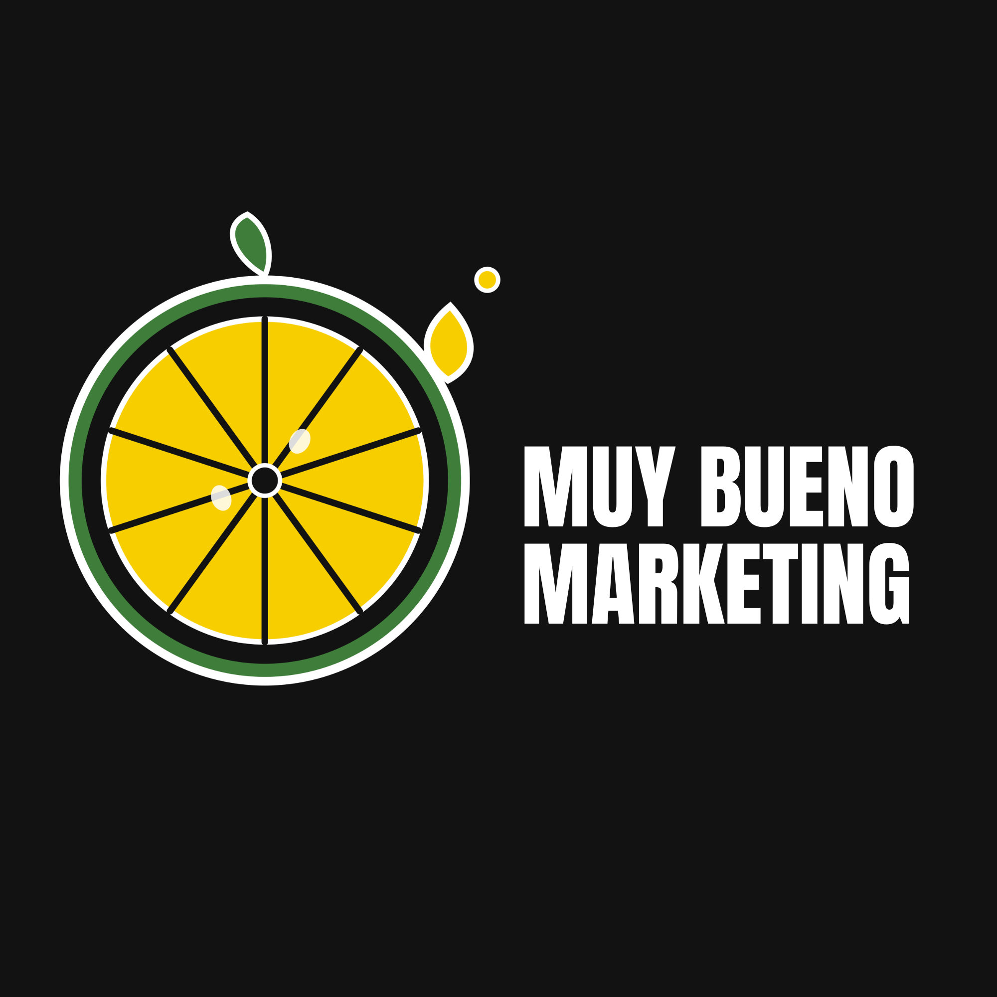 A black background with a graphic of a lime slice in the lower left corner, with the words "Muy Bueno Marketing" in white text on the right side.