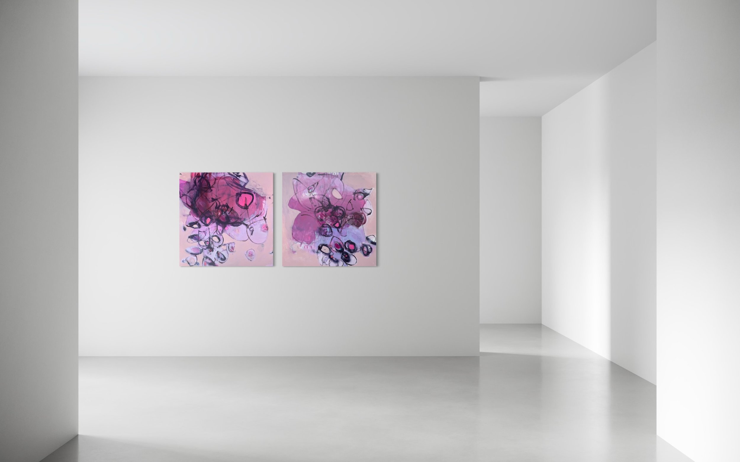 Mother, Squiggles, and a Pink Elephant (diptych)
Acrylic, oil, and spray paint on canvas
100 × 100 cm each
2025