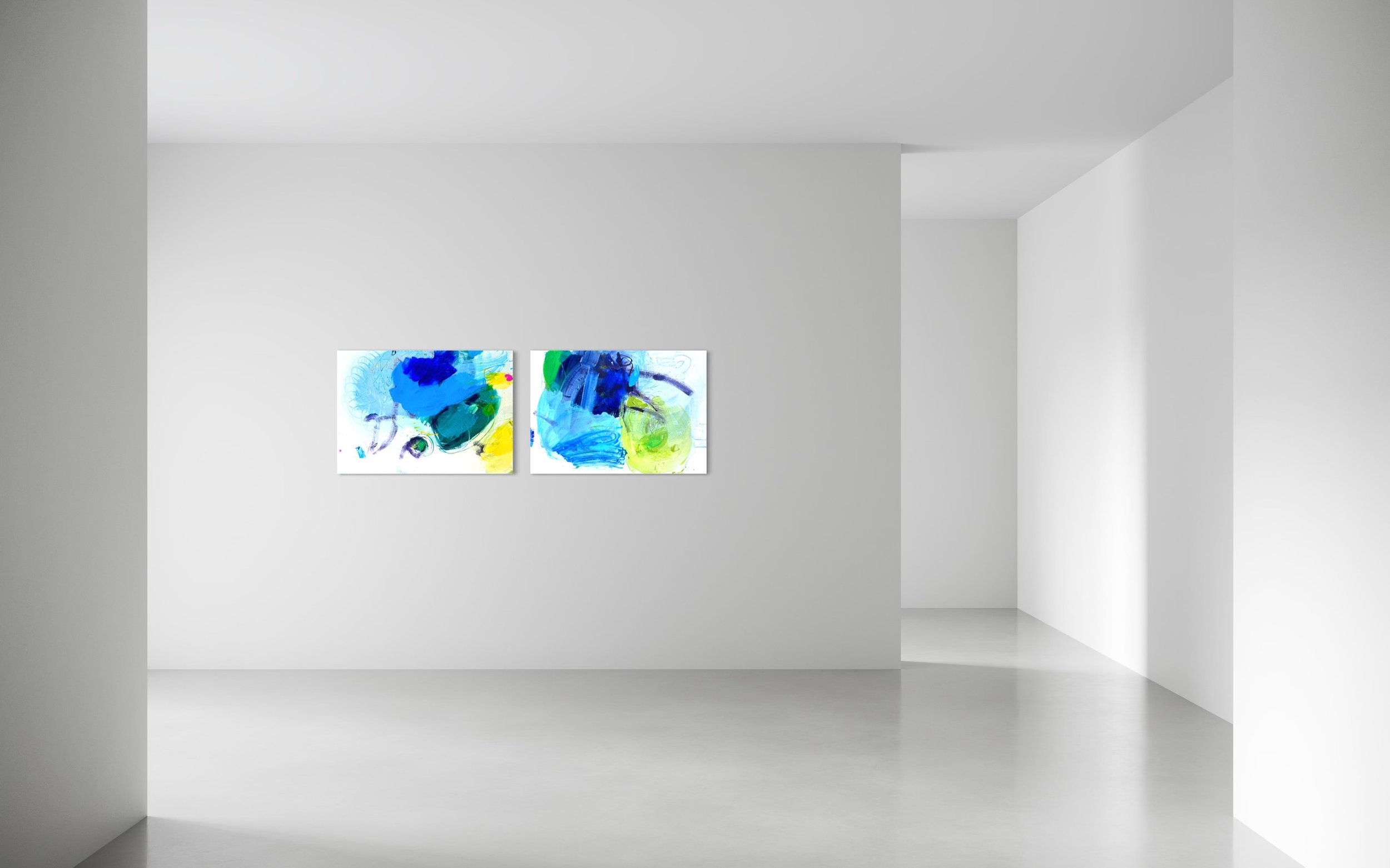 Cucumbers and Waves in Depth (diptych) Acrylic, oil, and marker on canvas 70 × 100 cm each 2026