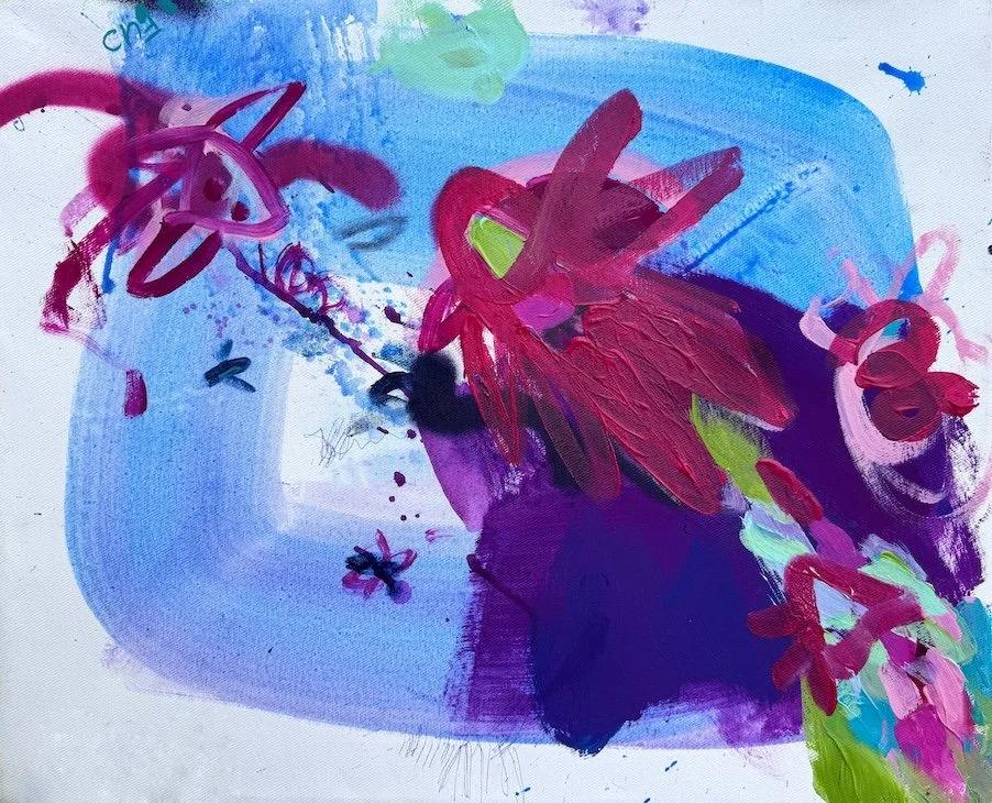 The Flowers Wilt, I Smile
Acrylic, oil, marker, and spray paint on canvas
50 × 60 cm
2026