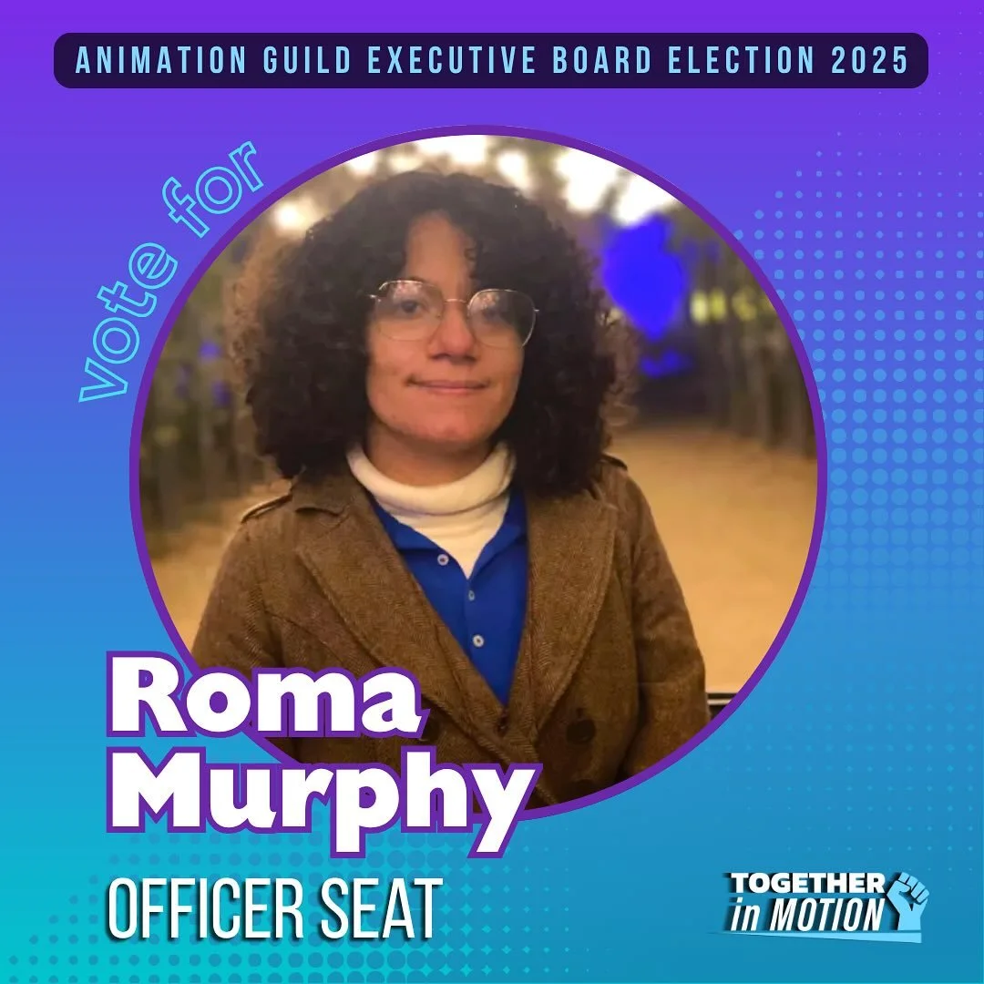 It&rsquo;s time to vote in the Animation Guild&rsquo;s 2025 Executive Board election! There are plenty of great candidates this year, but we&rsquo;d like to introduce you to a few in particular. 📝

Meet Roma Murphy:
▶ Writer
▶ AI Task Force member &