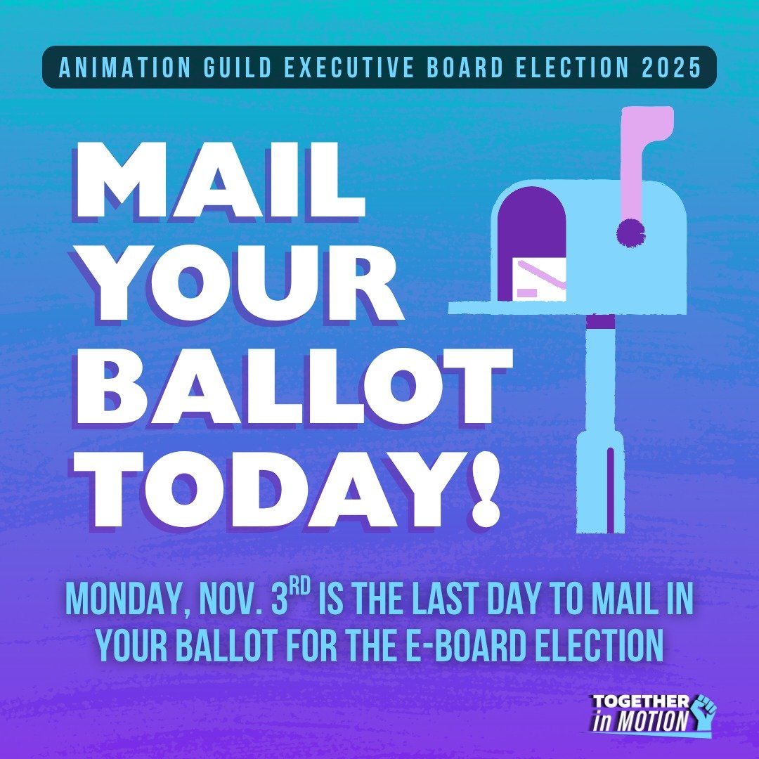 Don't delay! This is the LAST day you can mail your ballot and have it arrive in time to be counted in the 2025 Executive Board election for the @animationguild ✉

TAG members in the Los Angeles area can drop off their ballots in person until 3pm on 