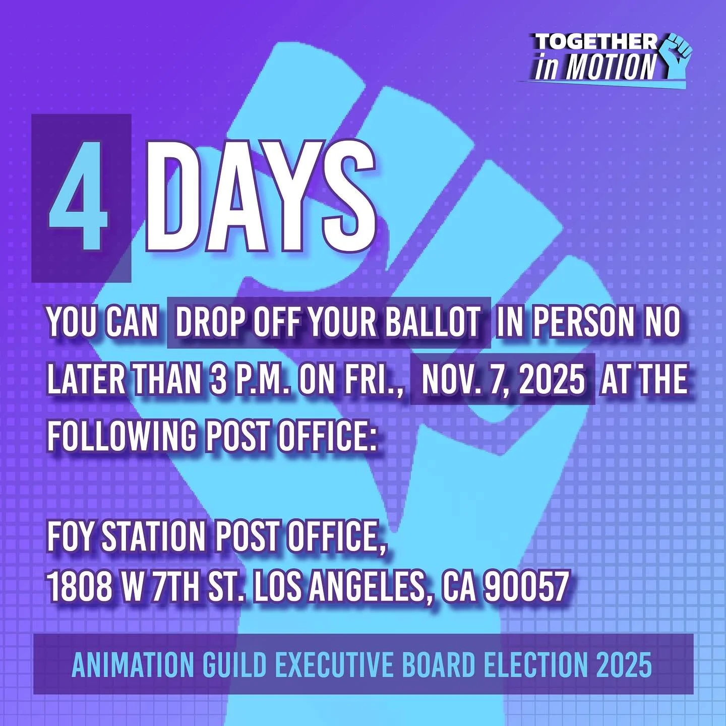 The final countdown begins! Members of the @animationguild have until 3pm this Friday to drop their E-Board election ballots off at the Foy Station Post Office in DTLA. If you put your ballot in the mail now, it may not arrive in time to be counted. 
