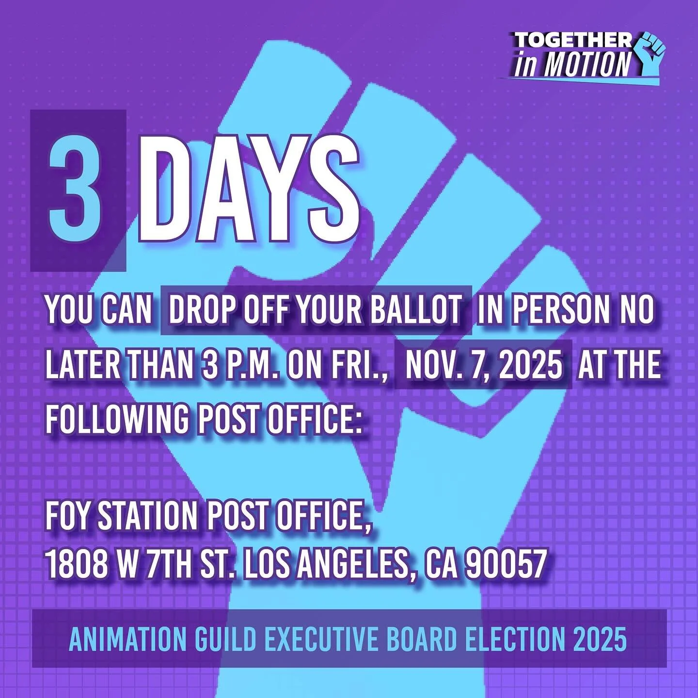 Haven&rsquo;t filled out your ballot for the 2025 election of the Animation Guild&rsquo;s Executive Board yet? If you&rsquo;re in the Los Angeles area, you still have time to drop your ballot off in person and have your vote counted!

Members have un