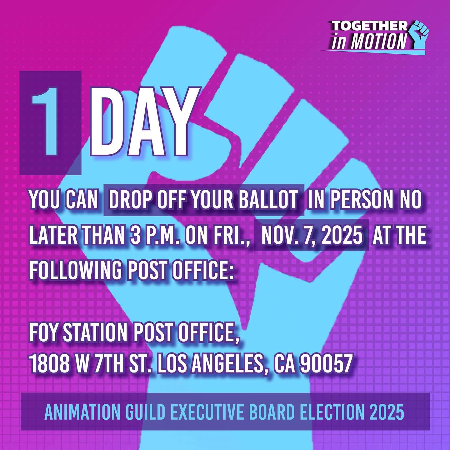 This is it &mdash; it&rsquo;s the LAST day that you can turn in your ballot for the Animation Guild Executive Board election in time to be counted this weekend! 🫨

Members in the Los Angeles area have until 3pm TODAY to bring their completed ballots