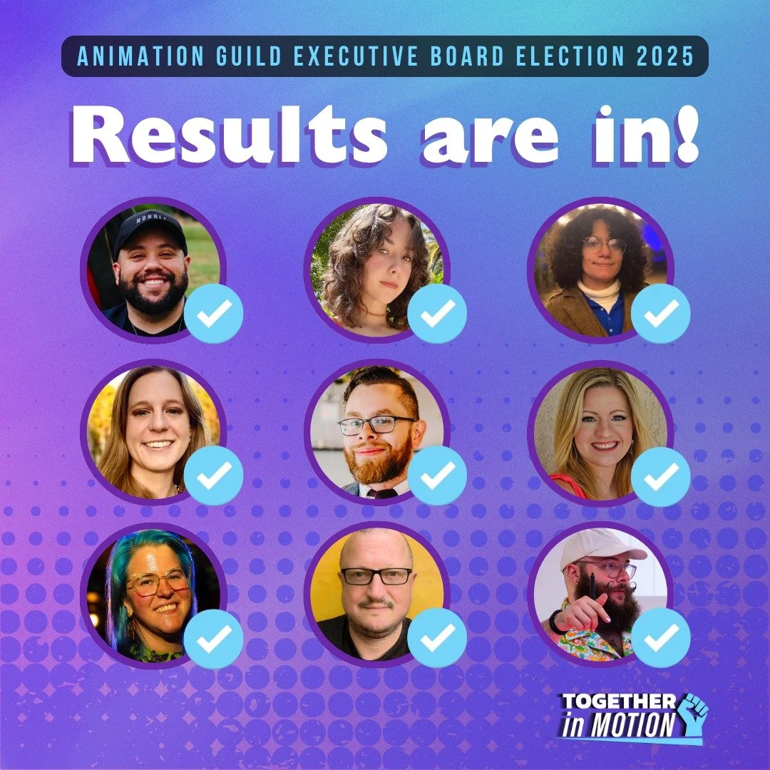 After a thorough ballot count yesterday morning, the results of the @animationguild 2025 Executive Board election were announced last night. We are so thrilled to say that EVERY one of our slate members were elected!!! 🥳

Thank you to all of the can